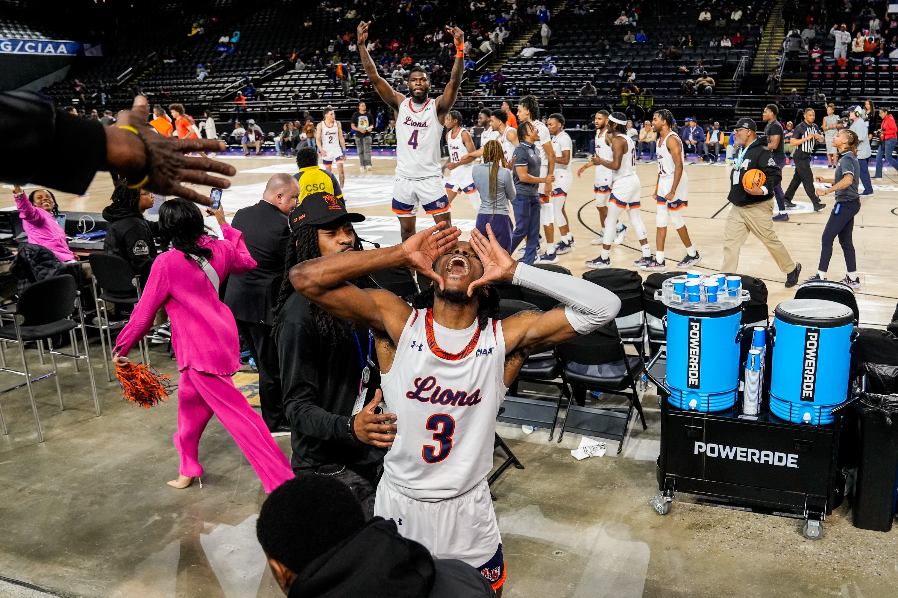 Lincoln University point guard Reggie Hudson celebrates after the team’s win against Claflin University in the CIAA basketball semifinals at CFG Bank Arena on Friday, March 1, 2024.