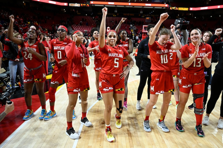 COLLEGE PARK, MARYLAND - FEBRUARY 21: The Maryland Terrapins celebrate after a 96-68 victory against the Iowa Hawkeyes at Xfinity Center on February 21, 2023 in College Park, Maryland.