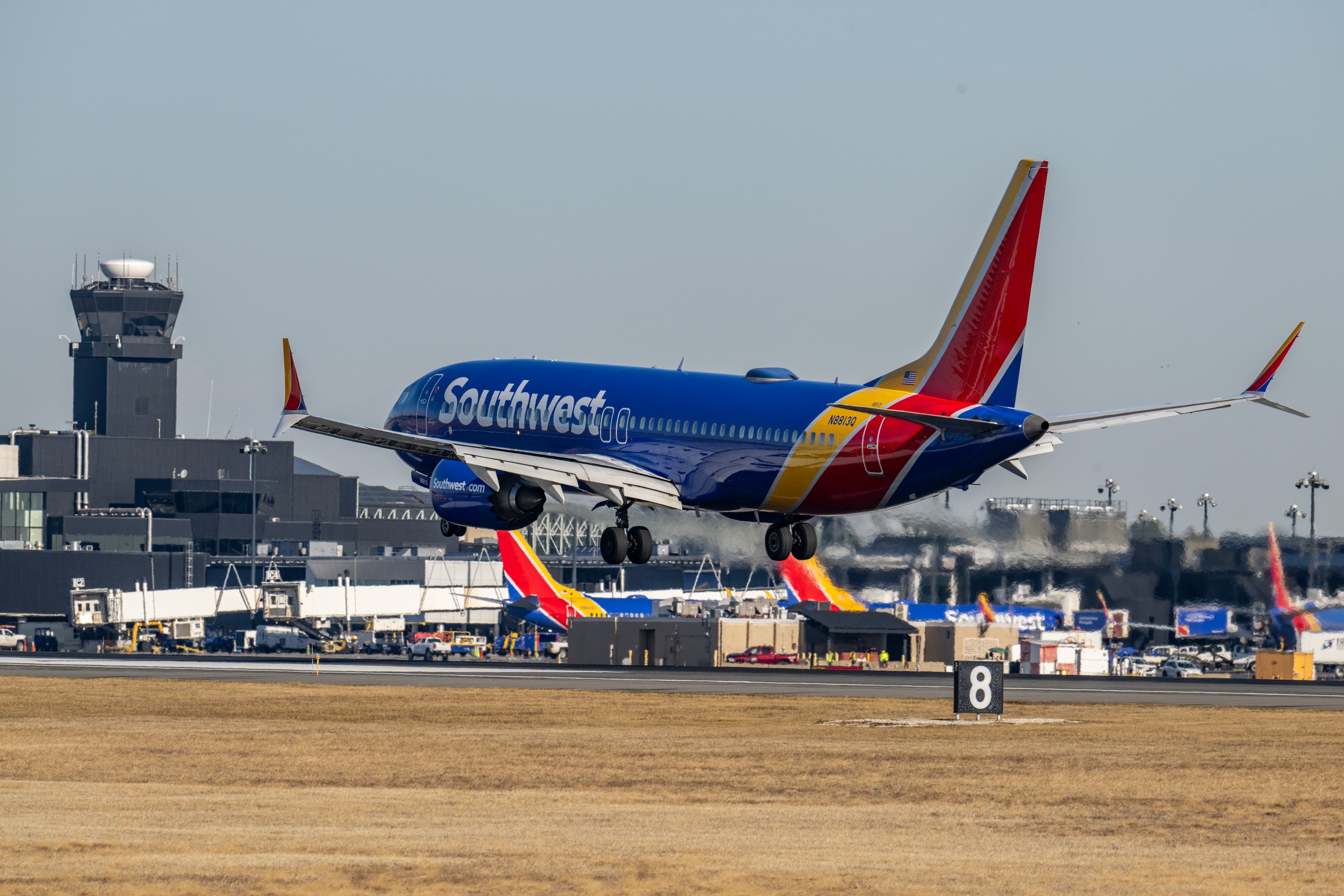 A Southwest Airlines jet land at Baltimore/Washington International Thurgood Marshall Airport.