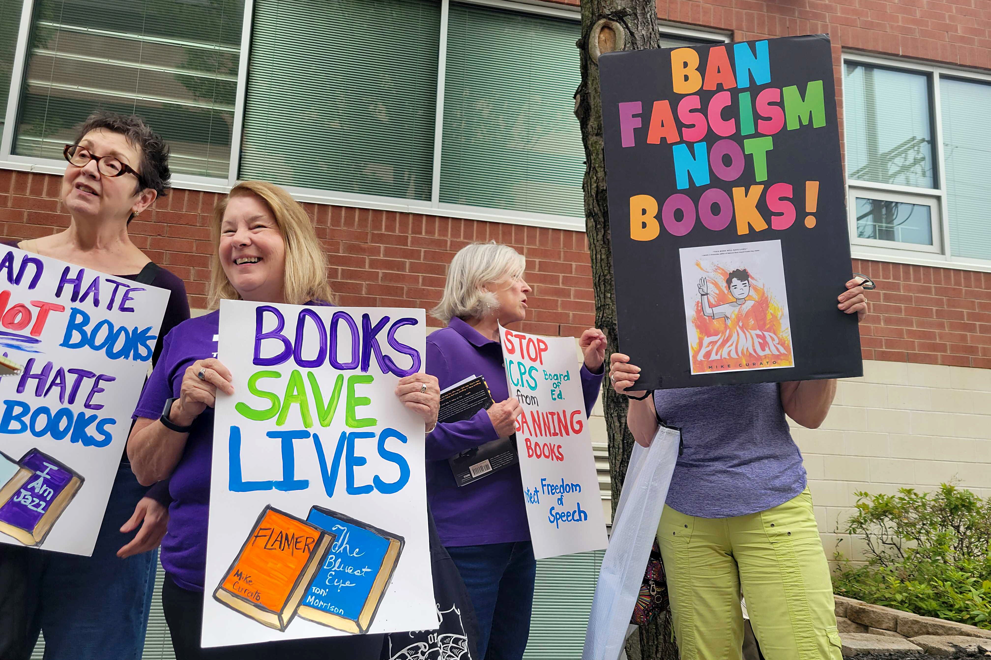 AUGUST 18, 2025 - Dozens of protesters stand outside the Harford County Public Schools headquarters to protest the school board's decision to ban a book from school libraries.