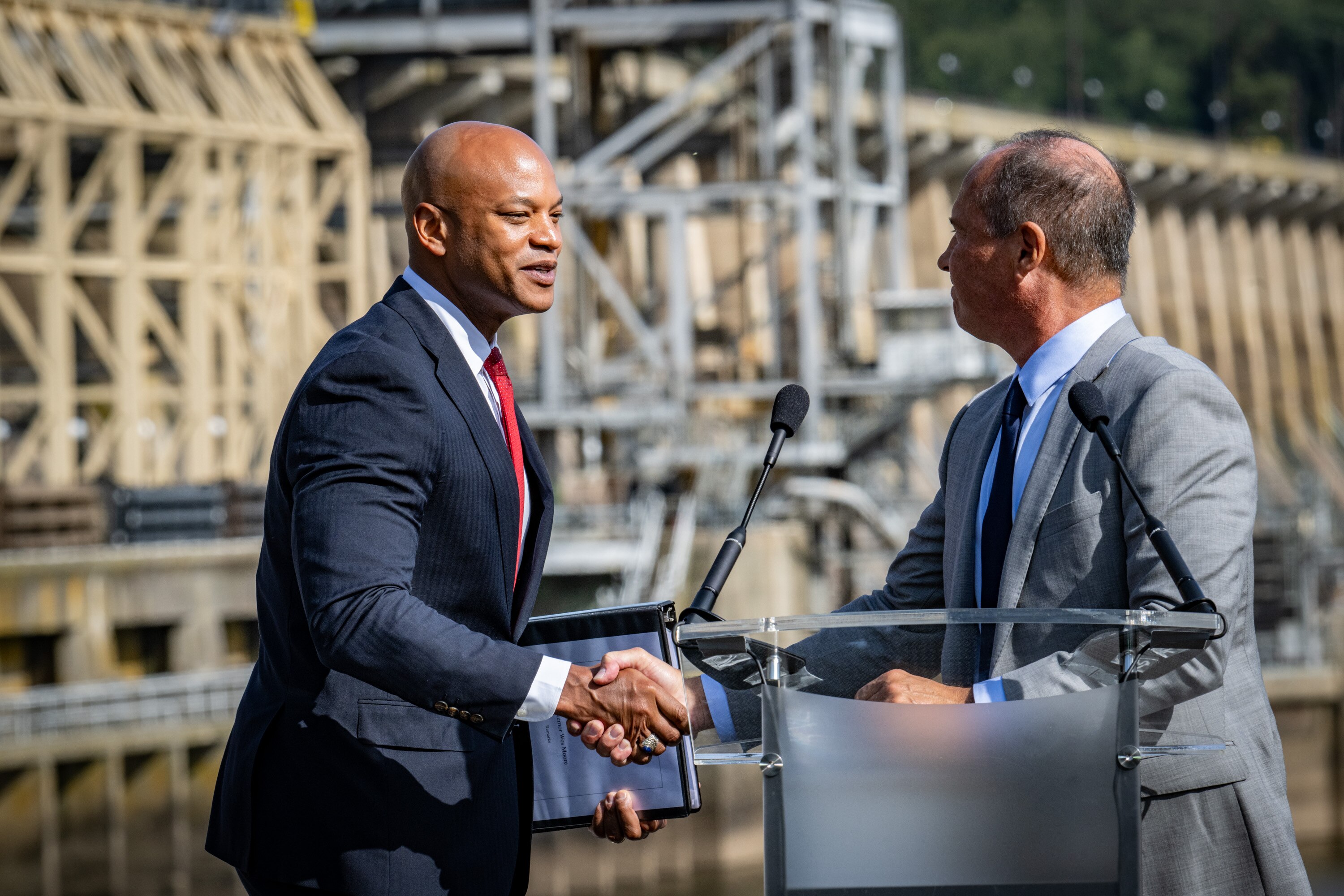 Maryland Governor Wes Moore and Constellation Energy CEO Joe Dominguez during the announcement of an agreement with Constellation Energy to fund and implement operational improvements and environmental projects at the Conowingo Dam. 