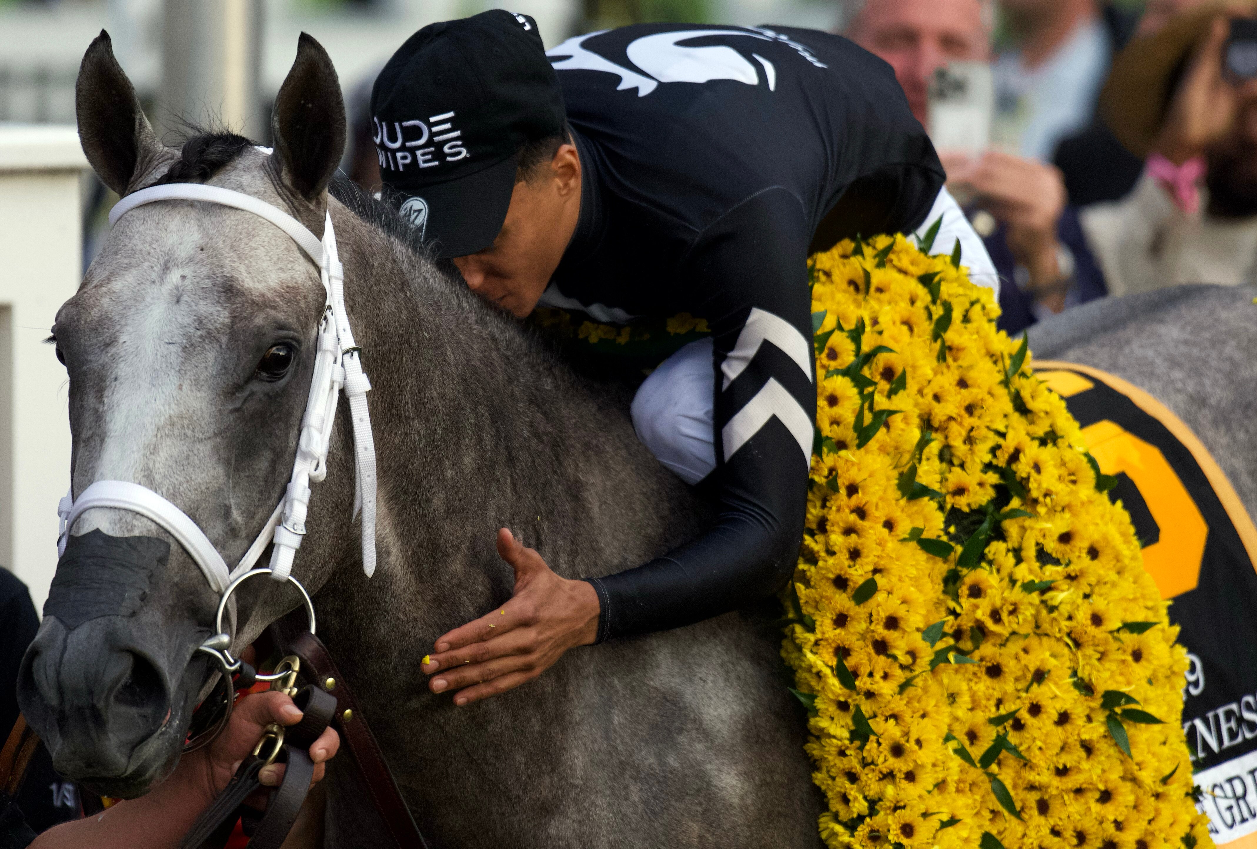 Jockey Jaime Torres celebrates after guiding Seize the Grey to a win in The Preakness Stakes.