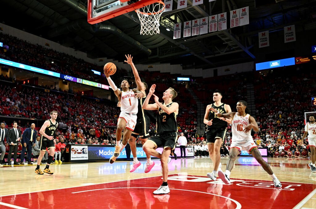 Jahmir Young, #1 of the Maryland Terrapins, drives to the basket in the second half against Fletcher Loyer, #2 of the Purdue Boilermakers, at Xfinity Center on Jan. 2, 2024 in College Park, Maryland. (Photo by Greg Fiume/Getty Images)