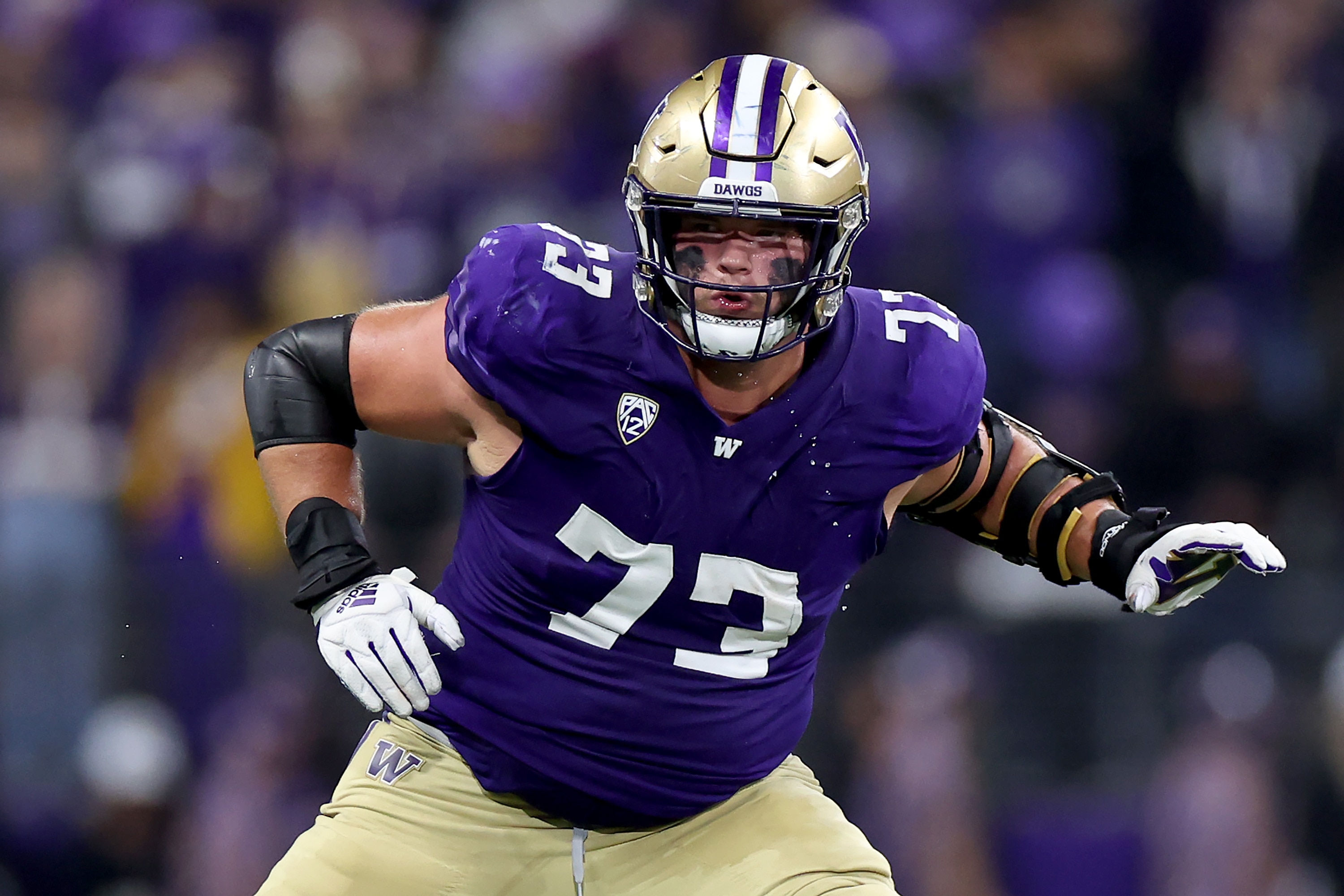 Roger Rosengarten, #73 of the Washington Huskies, in action against the California Golden Bears at Husky Stadium on Sept. 23, 2023 in Seattle, Washington.