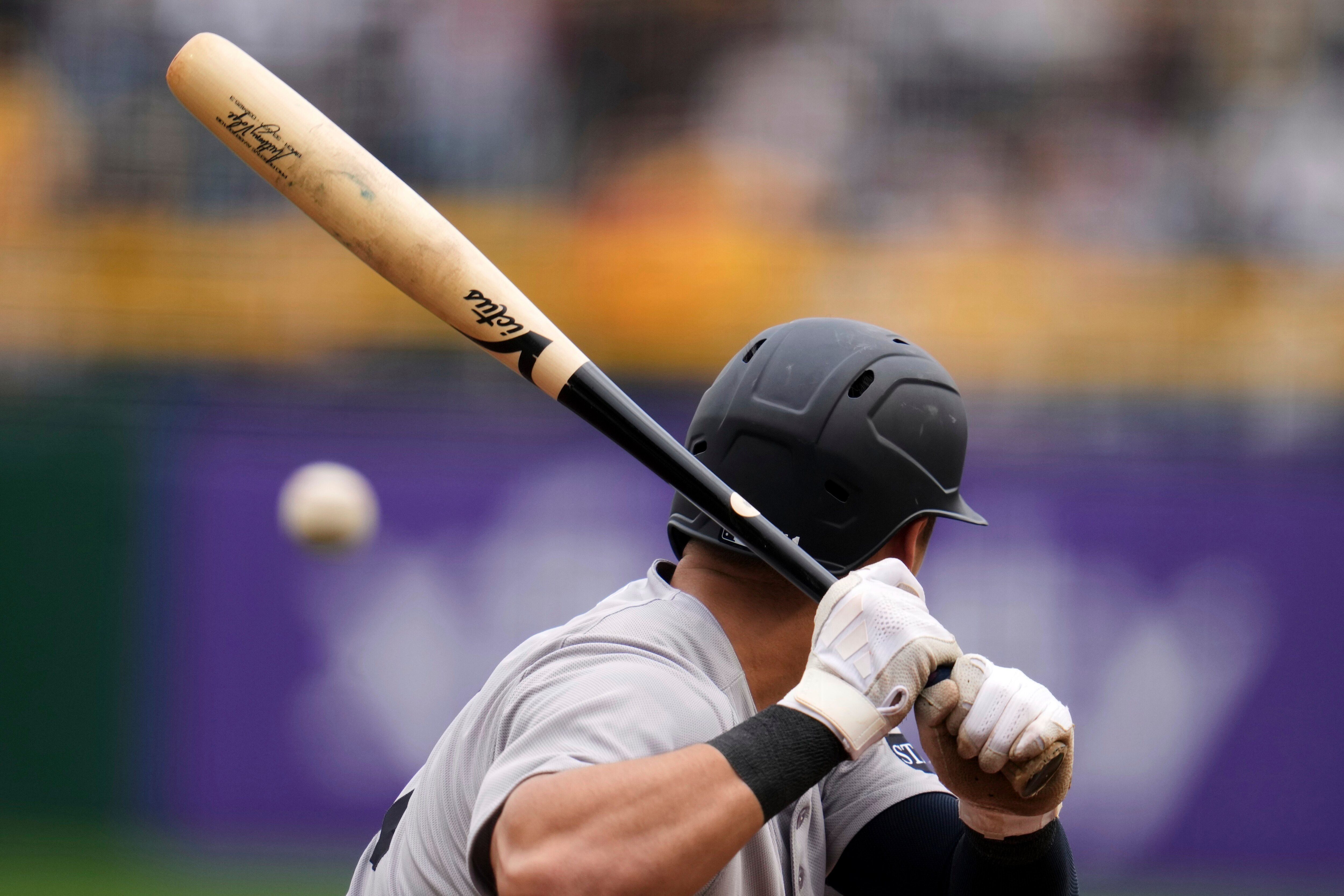 New York Yankees' Anthony Volpe bats during the first inning of a baseball game against the Pittsburgh Pirates in Pittsburgh, Saturday, April 5, 2025.