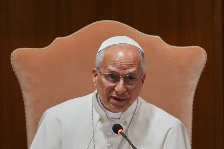 Pope Leo XIV speaks during the presentation of his first encyclical, "Magnifica humanitas: On Safeguarding the Human Person in the Time of Artificial Intelligence," at the Vatican, Monday, May 25, 2026.