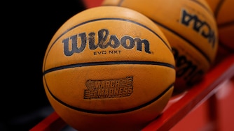 MADISON, WISCONSIN - MARCH 08: A detail view of a Wilson basketball with the March Madness logo before game between the Wisconsin Badgers and Penn State Nittany Lions at Kohl Center on March 08, 2025 in Madison, Wisconsin. (Photo by John Fisher/Getty Images)