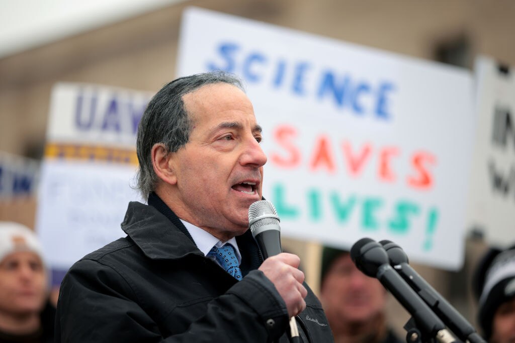 U.S. Rep. Jamie Raskin (D-MD) speaks at a rally outside of the Department of Health and Human Services on February 19, 2025 in Washington, DC.