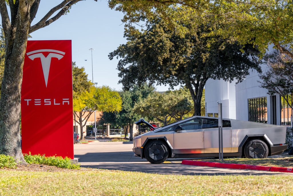 A Tesla Cybertruck is parked outside of a dealership on November 14, 2024 in Austin, Texas.