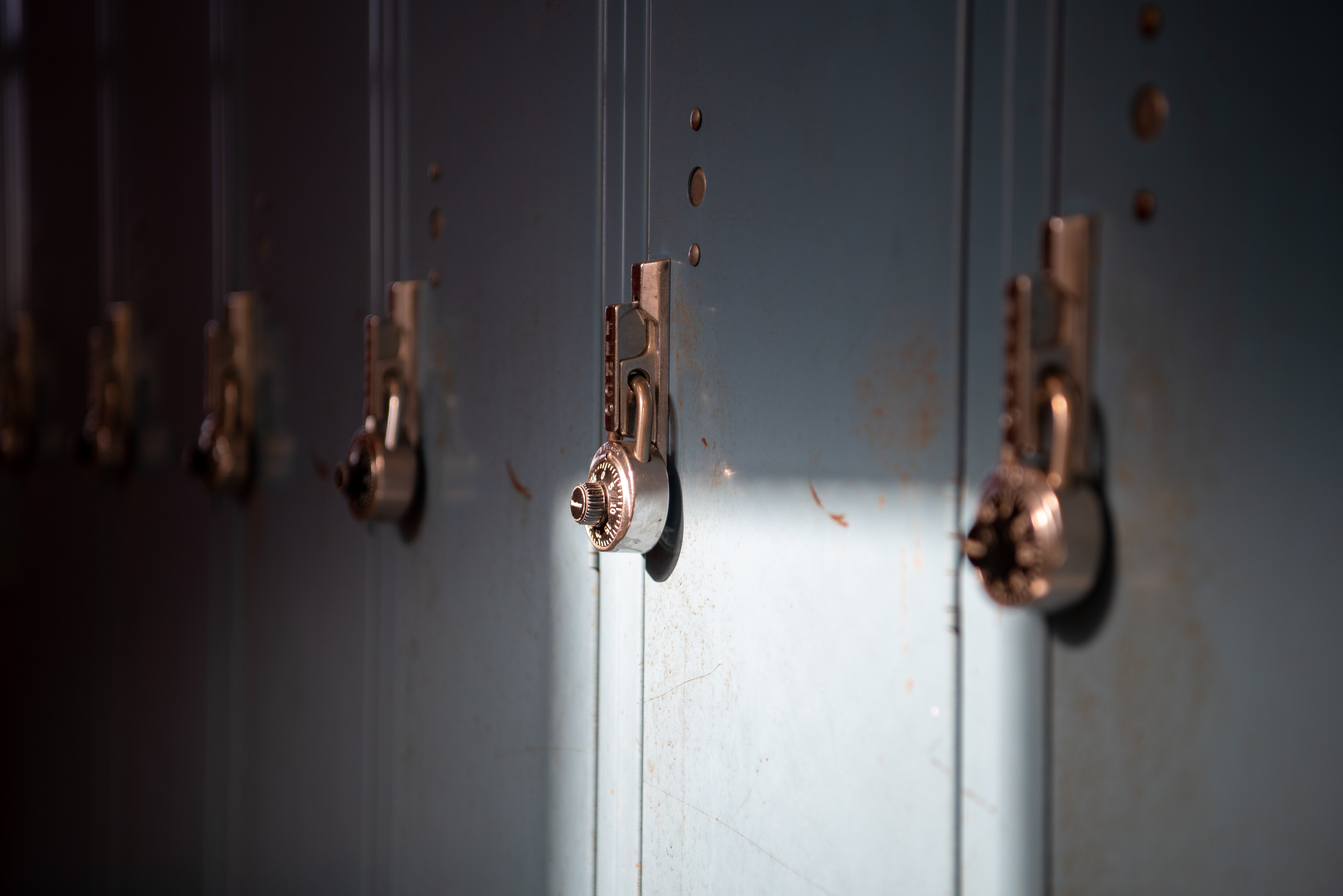 Lockers in the hallway outside Damien Ford’s Baltimore School for The Arts classroom on Dec. 21, 2022. Ford teaches an African American Literature class where shows his students comparisons between Lauryn Hill lyrics and the work of Zora Neal Hurston.