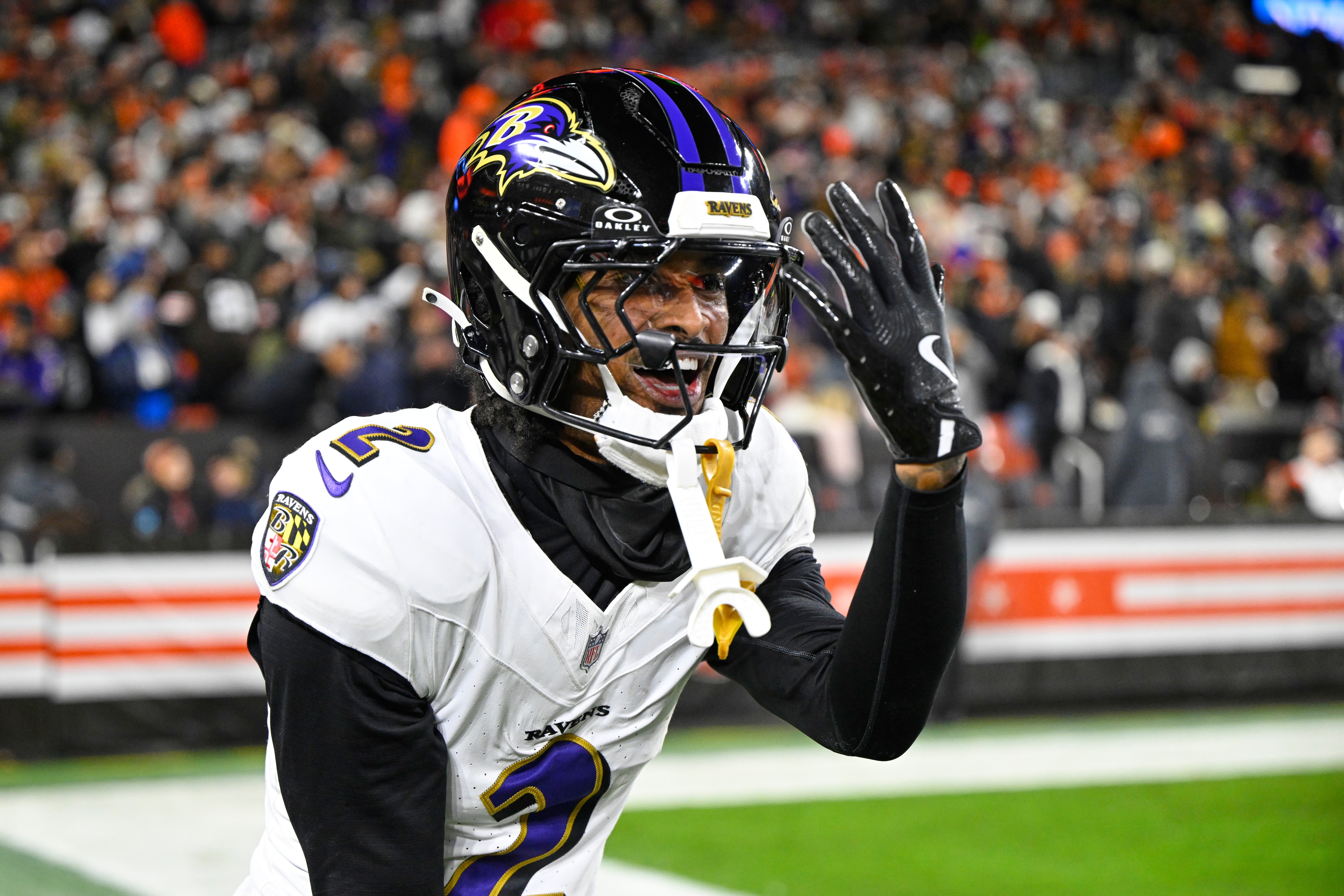 Ravens cornerback Nate Wiggins celebrates after intercepting a Cleveland Browns pass in the second half on Nov. 16, 2025.