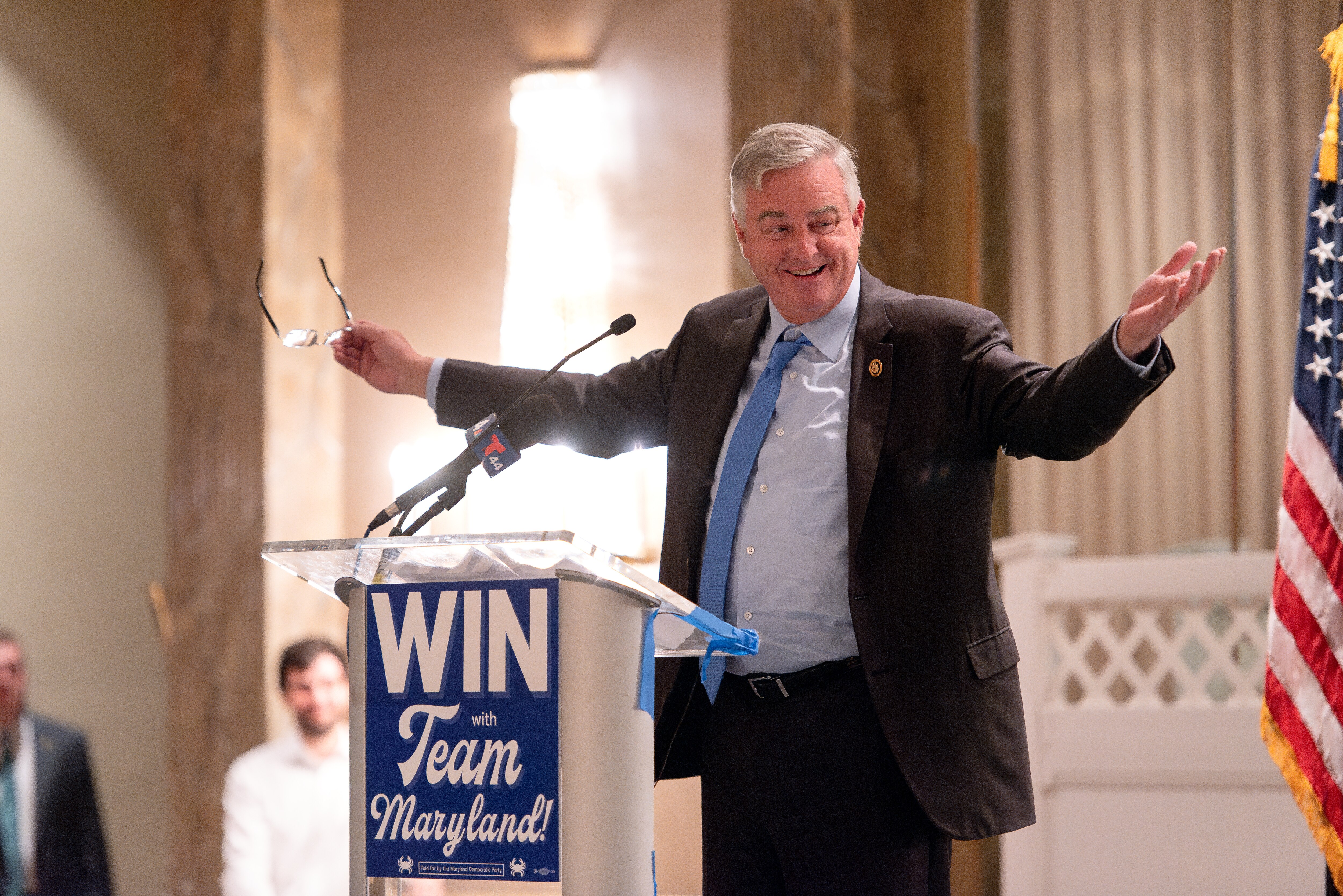 U.S. Rep. David Trone offers his endorsement for former foe Angela Alsobrooks at a Maryland Democratic Party unity event in Greenbelt on Thursday.
