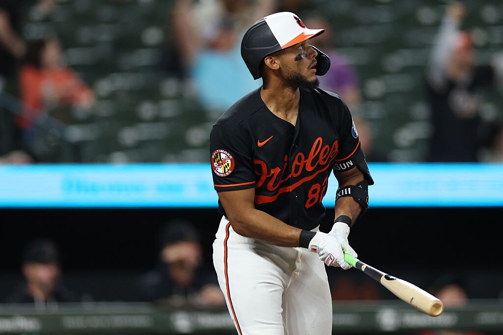 Orioles second baseman Jeremiah Jackson watches his home run during the eighth inning.