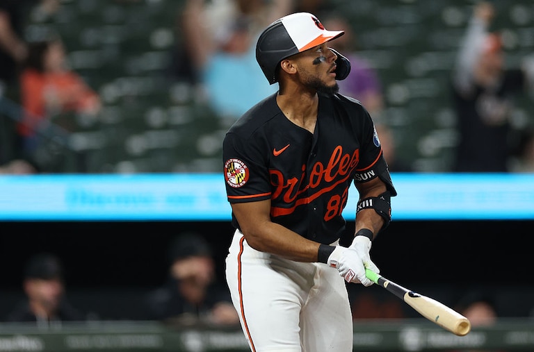 Orioles second baseman Jeremiah Jackson watches his home run during the eighth inning.