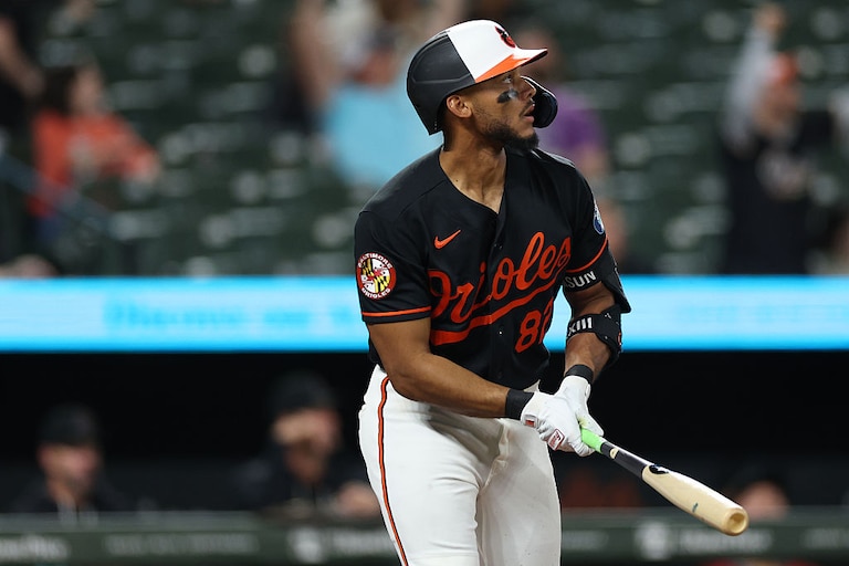 Orioles second baseman Jeremiah Jackson watches his home run during the eighth inning.