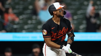 Orioles second baseman Jeremiah Jackson watches his home run during the eighth inning.