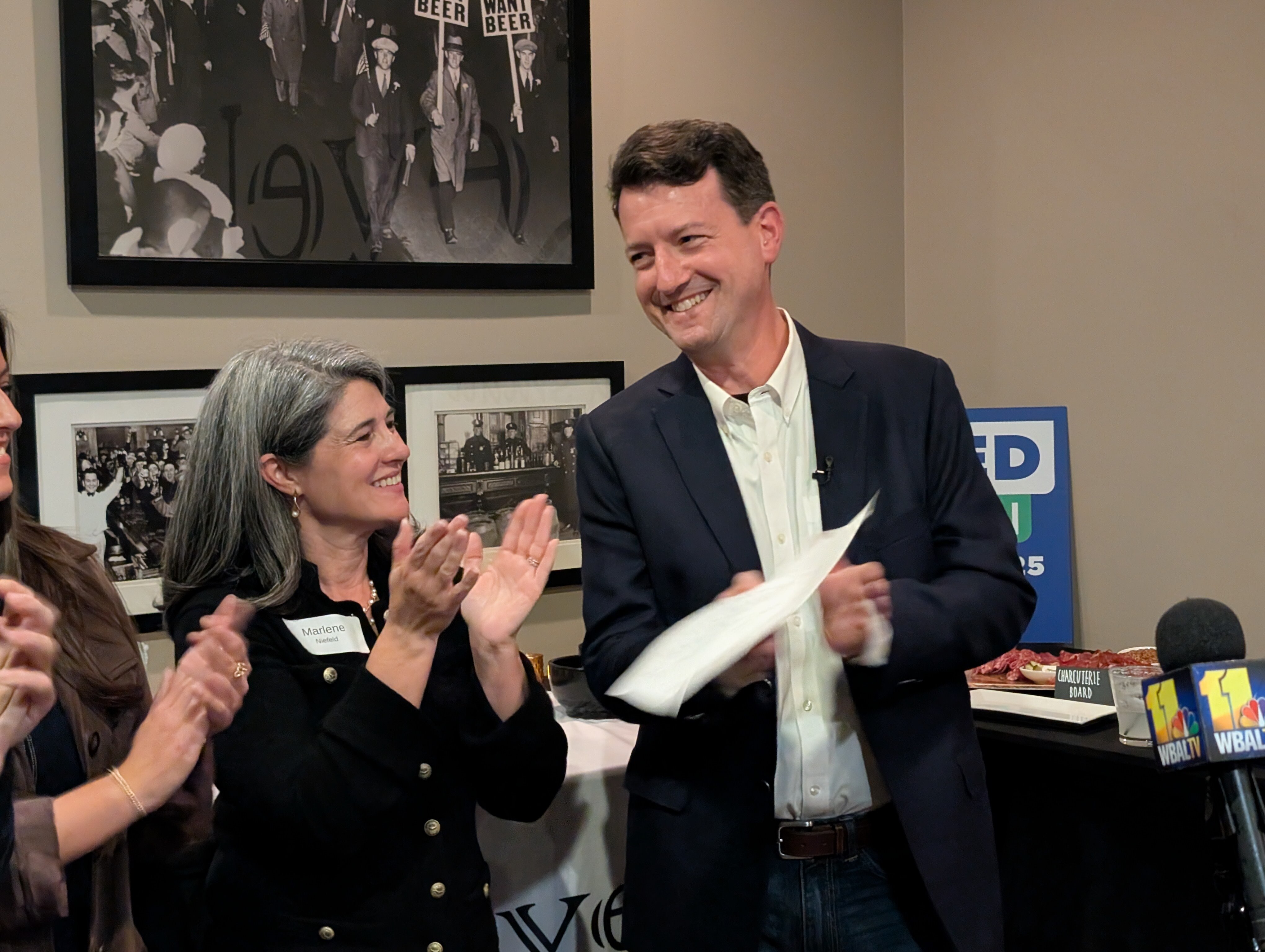 Jared Littmann thanks his wife, Marlene Niefeld, he addressed supporters after polls closed Tuesday night.