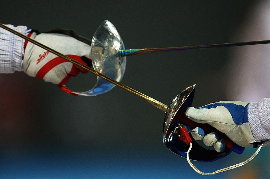 A detail view while two fencers practice at the Fencing Hall ahead of the Beijing 2008 Olympic Games.