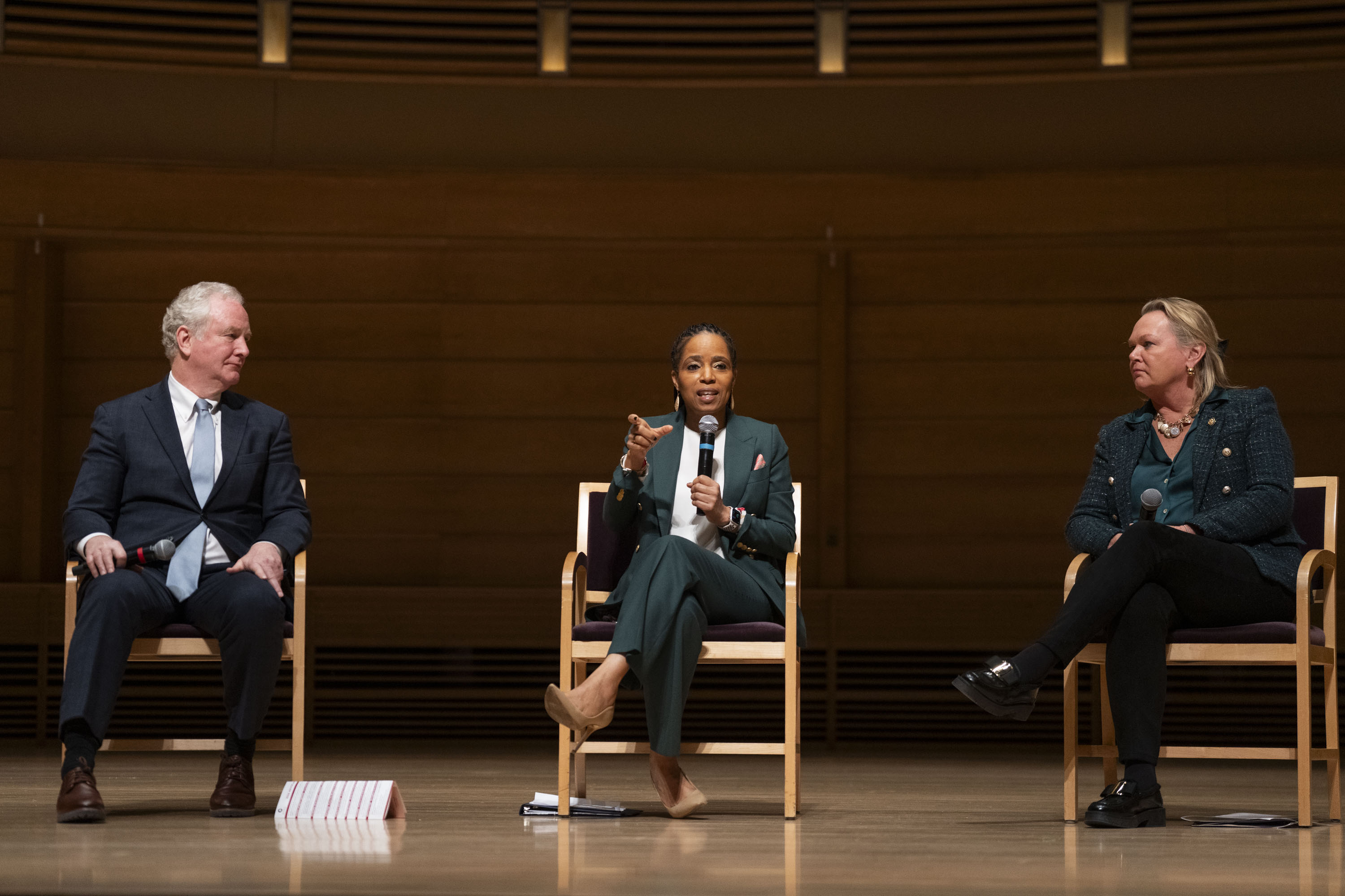Markette Sheppard moderates a panel discussion with U.S. Sens. Chris Van Hollen and Angela Alsobrooks and Rep. April McClain Delaney at the 2025 Annual Legislative Breakfast on December 5, 2025.