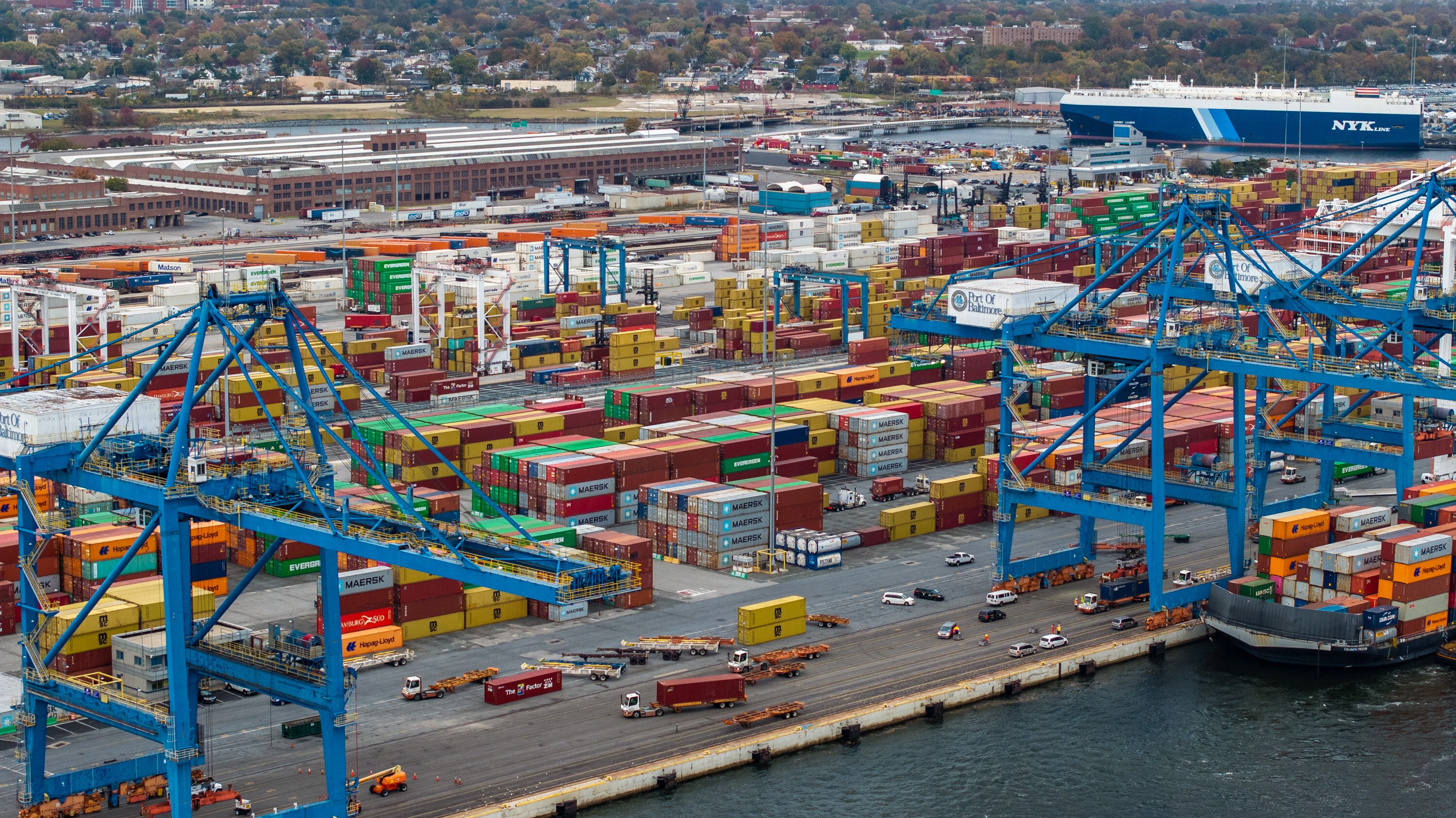 Rows of shipping containers fill the yard at the Port of Baltimore. 
