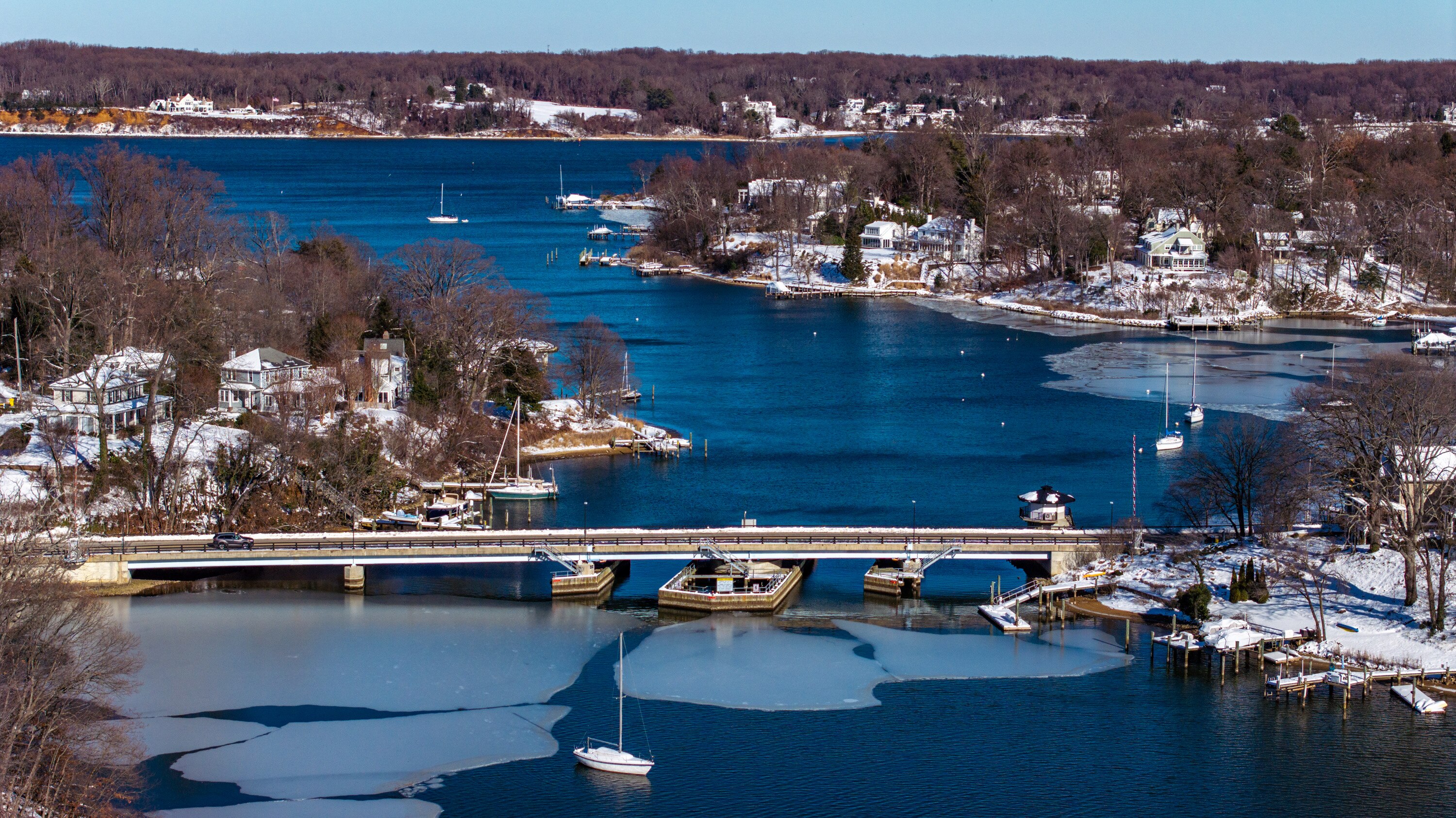 Snow and ice surround Weems Creek in Annapolis.
