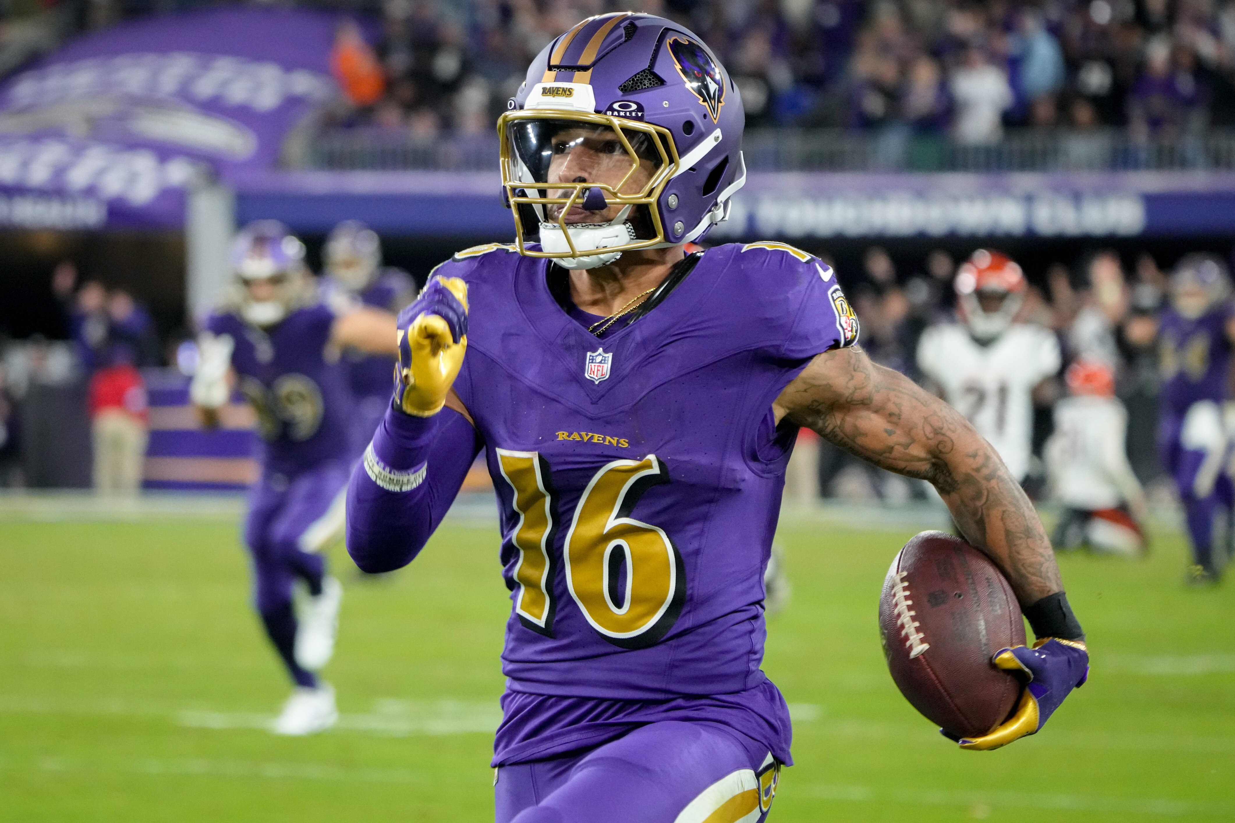 Ravens wide receiver Tylan Wallace races to his 84-yard touchdown early in the fourth quarter.