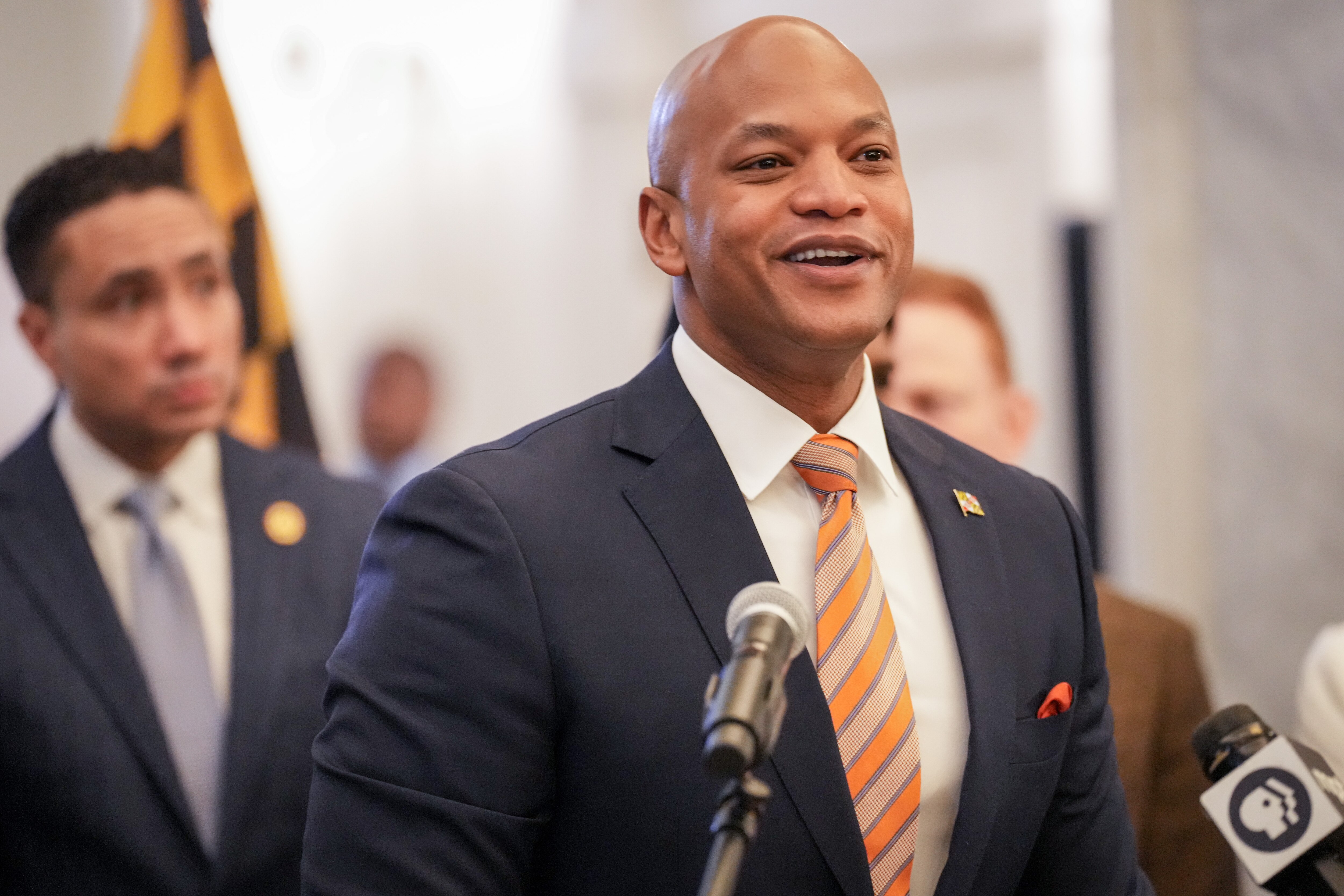 Maryland Gov. Wes Moore, shown here at a press conference in January, has a 58% approval rating, according to a new poll from Gonzales Marketing & Media Services.