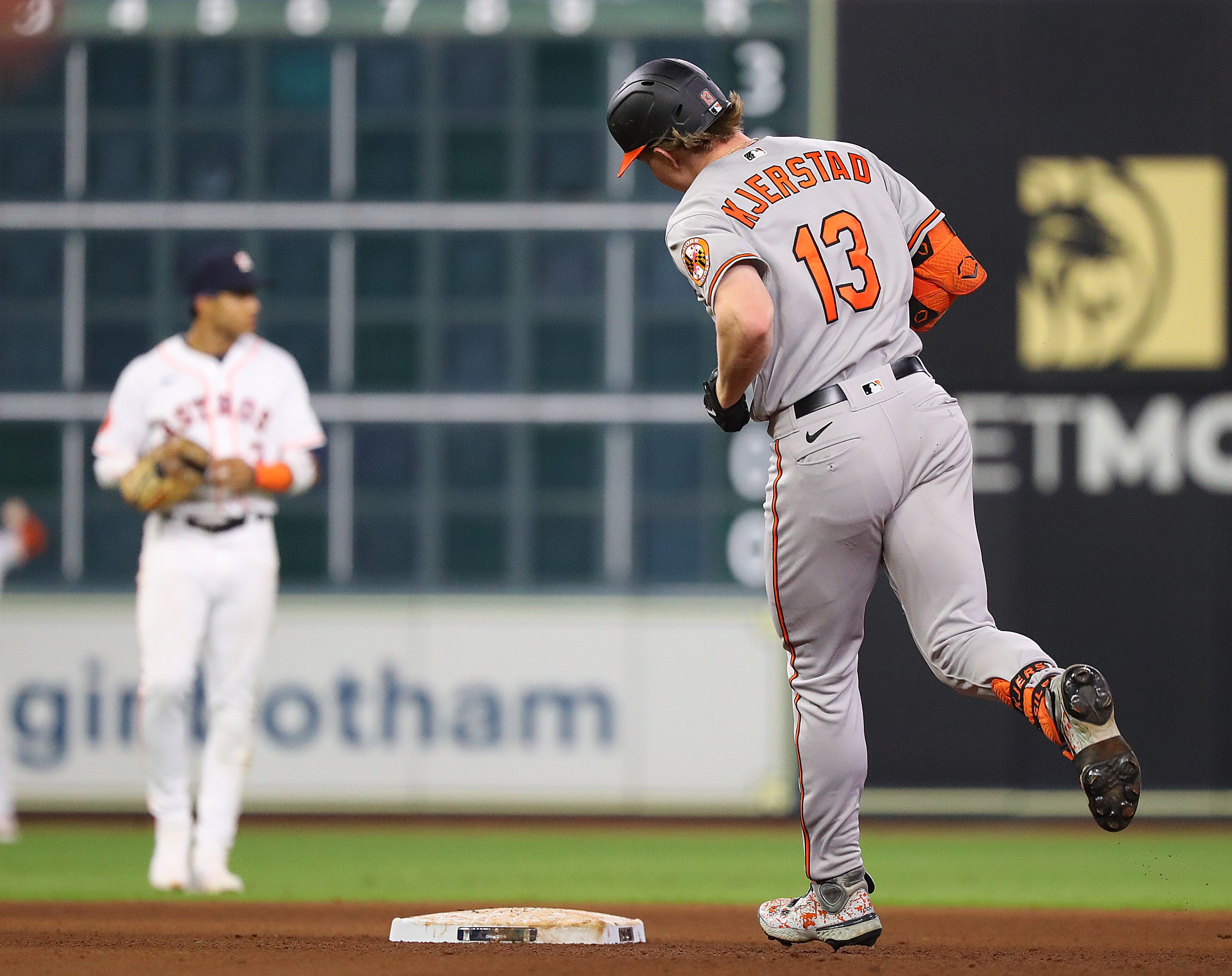 Heston Kjerstad, No. 13 of the Baltimore Orioles, hits a home run in the seventh inning against the Houston Astros at Minute Maid Park on Sept. 19, 2023 in Houston, Texas.