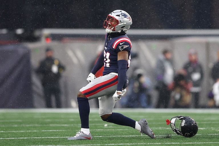 Former New England Patriots safety Jaylinn Hawkins reacts after a tackle against the Houston Texans during the AFC divisional round.