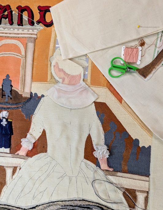 One of the figures is Molly Ridout, who watched from the gallery as George Washington resigned his commission in the Senate chambers of the State House in Annapolis.