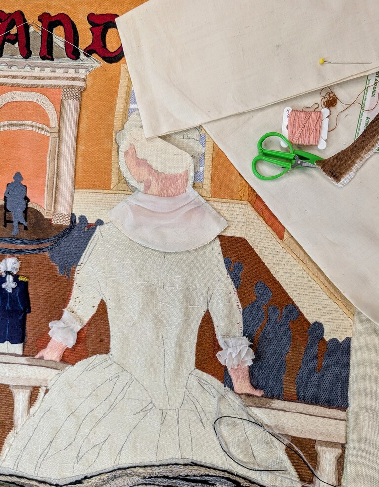 One of the figures is Molly Ridout, who watched from the gallery as George Washington resigned his commission in the Senate chambers of the State House in Annapolis.