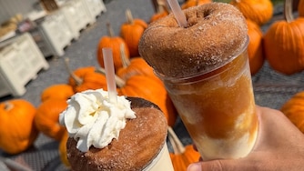An apple cider doughnut milkshake from Hollabaugh Bros., Inc., in Biglersville, Pennsylvania, comes with a whole doughnut on top.