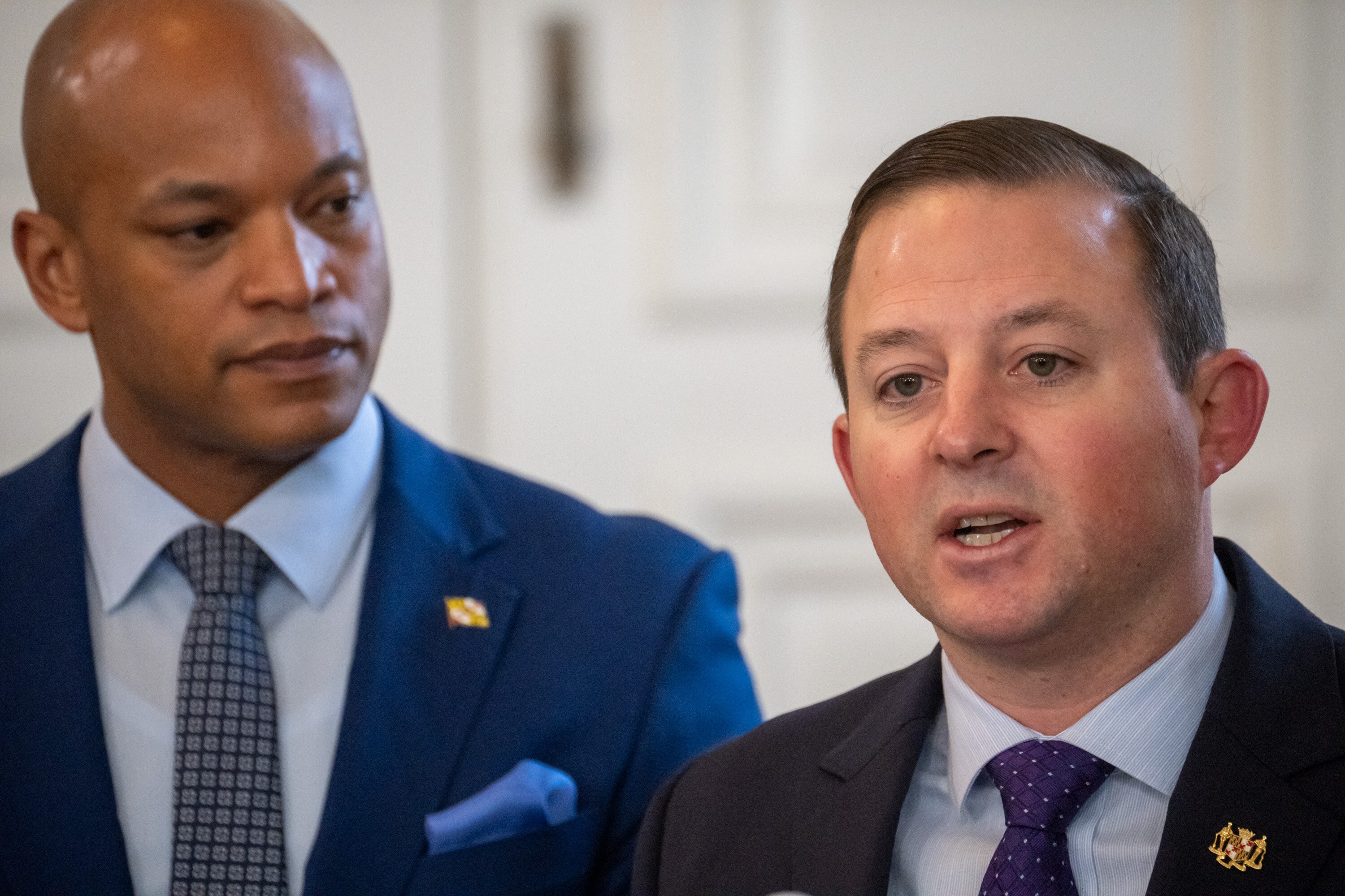 Senate President Bill Ferguson makes statements about the session prior to a bill signing at the Maryland Statehouse on April 8, 2025.