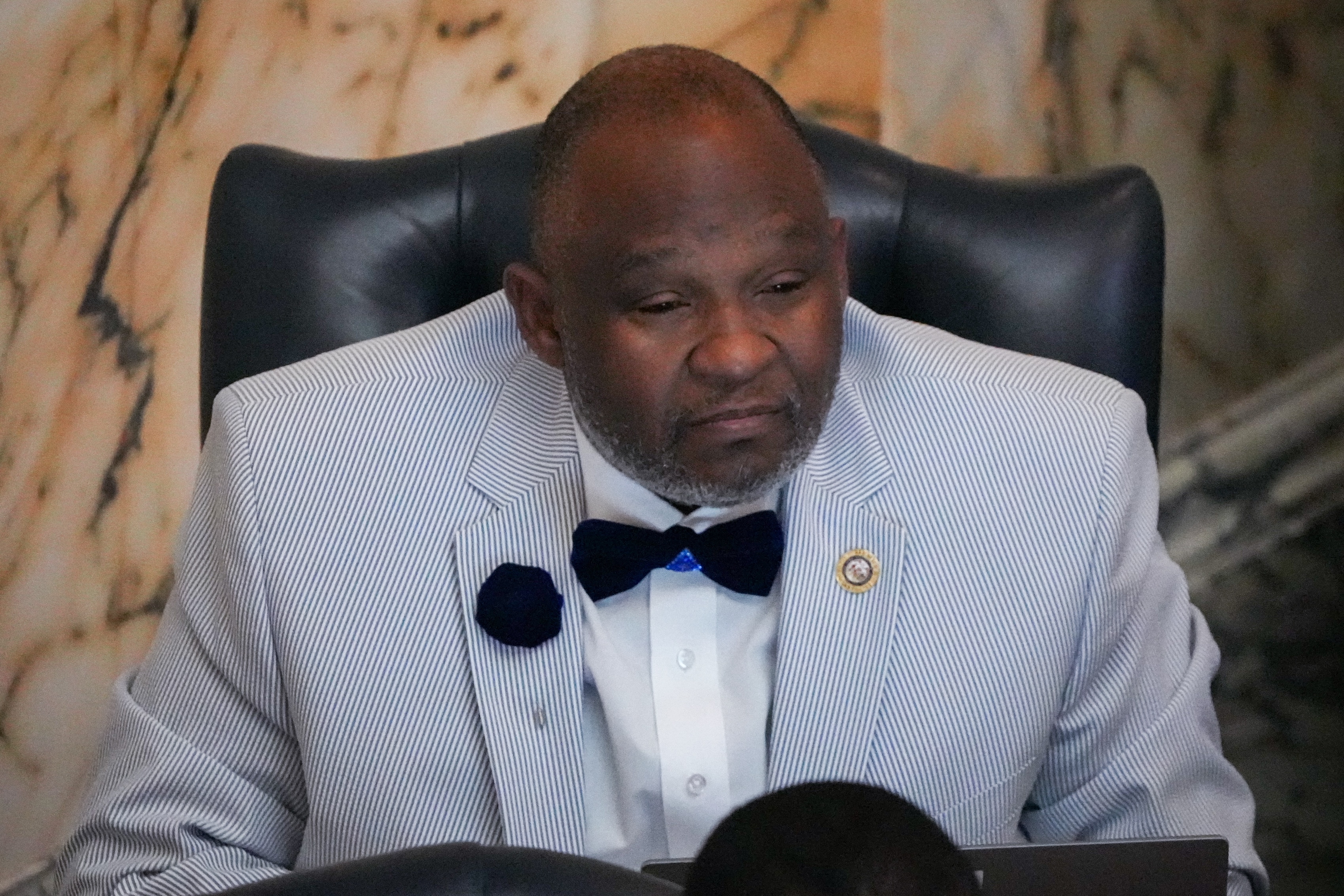 Del. Gary Simmons, an Anne Arundel County Democrat, sits in the Maryland State House on Sine Die, the final day of the 2024 General Assembly Session in Annapolis, on April 8, 2024. Any bill that doesn’t get passed by midnight on Sine Die is dead and lawmakers will need to address it next year.