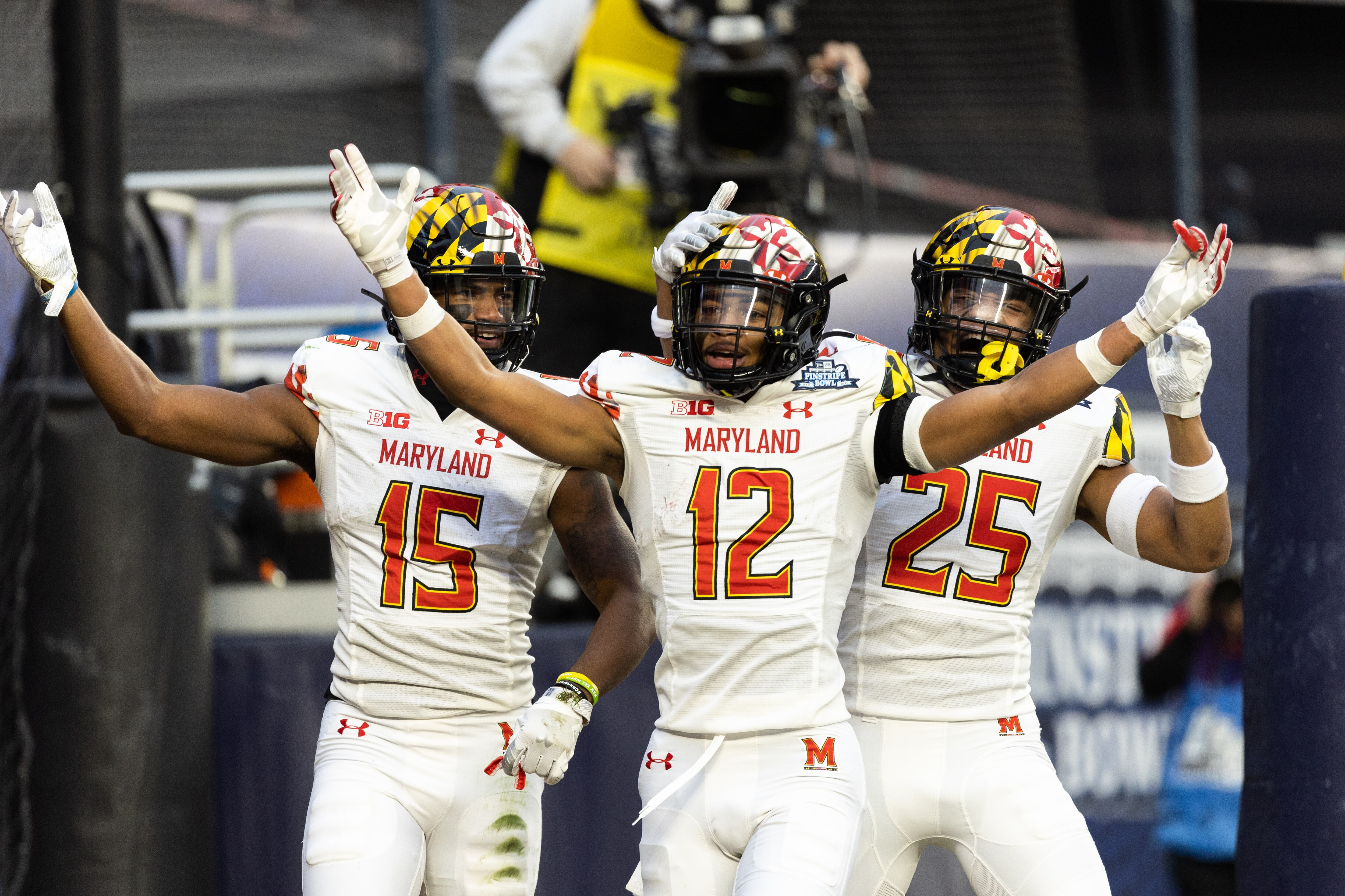 Tarheeb Still (12), celebrating a punt return during the Pinstripe Bowl, is enjoying his best season at Maryland through three games.