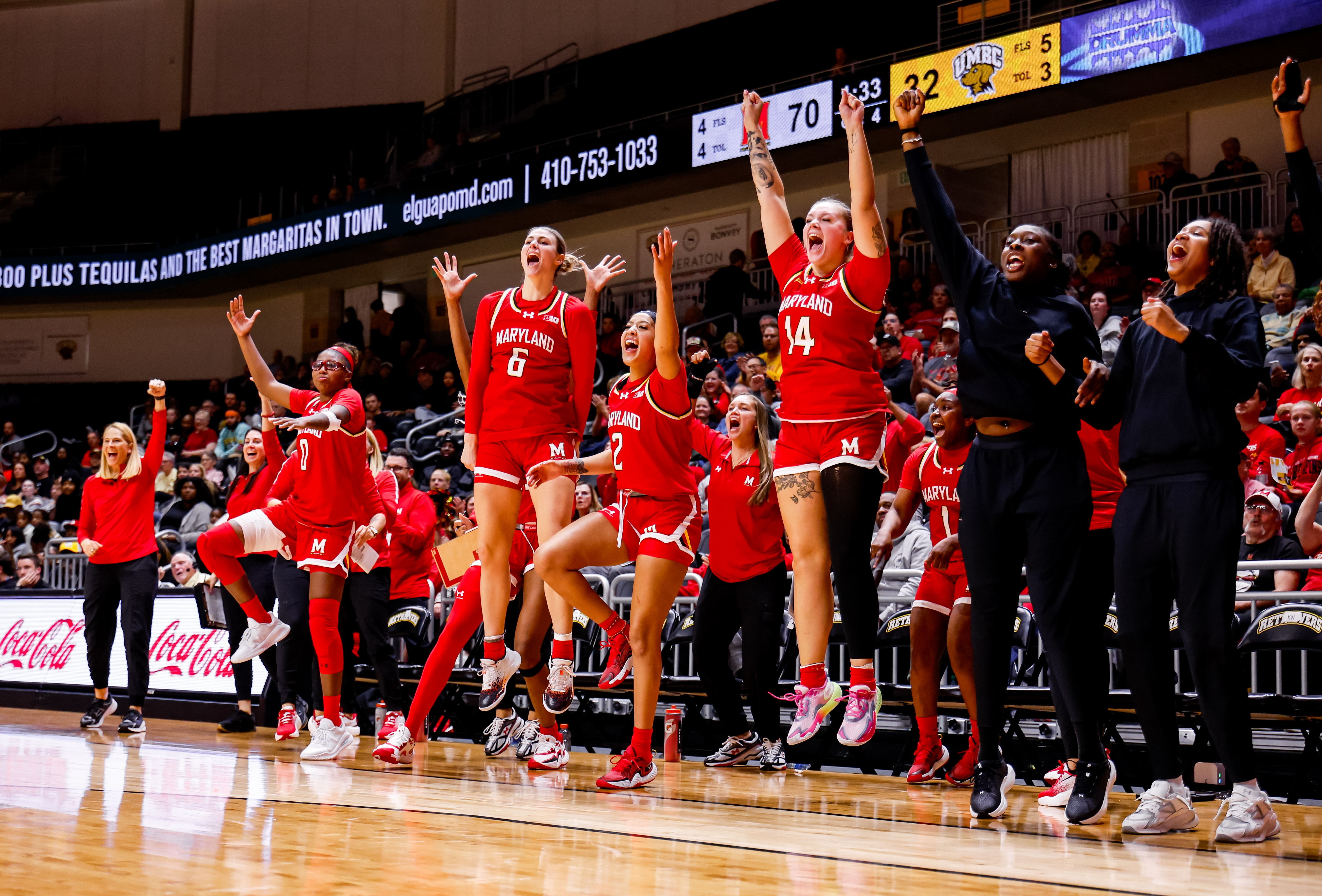 This photo shows members of the Maryland women's basketball team celebrating from their bench.