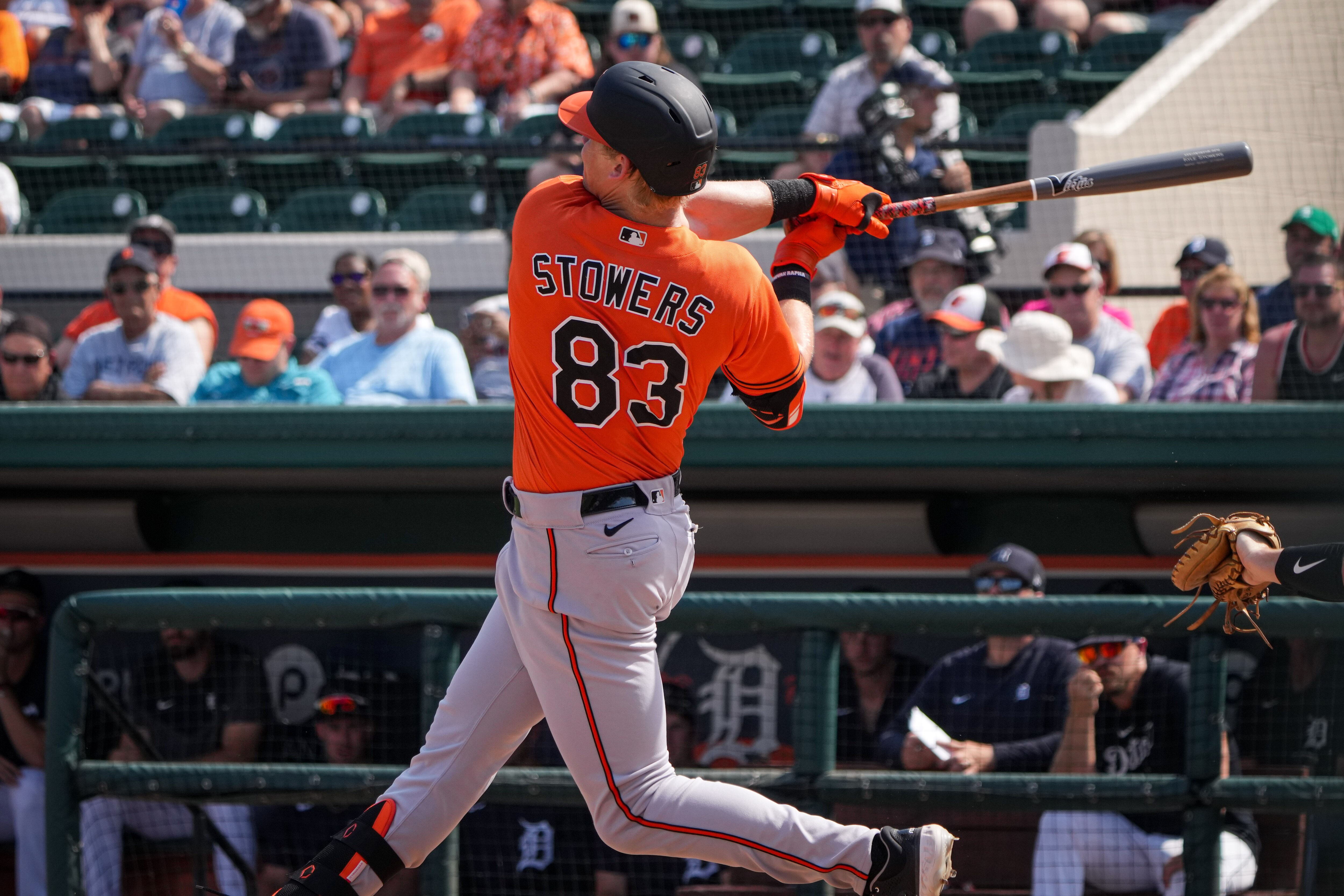 Kyle Stowers (83) swings at a pitch in Publix Field at Joker Marchant Stadium in the fourth inning of a game against the Tigers on 3/2/23. The Baltimore Orioles lost to the Detroit Tigers, 10-3, in the Florida Grapefruit League matchup.