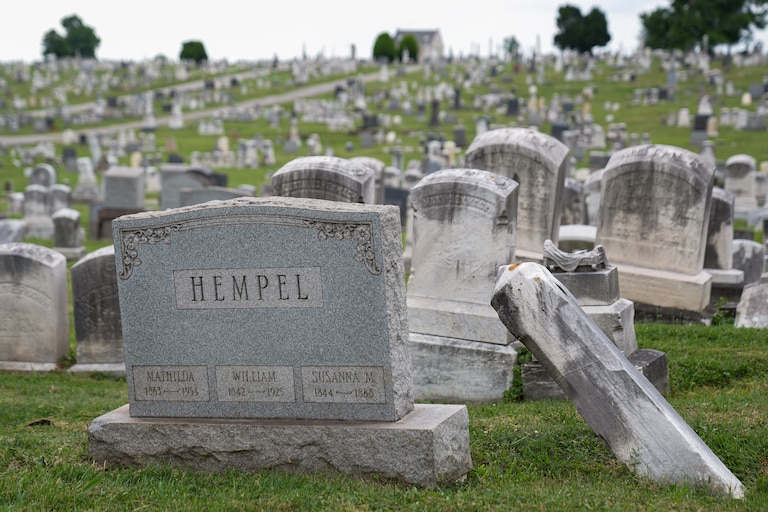 The gravestone of Mathilda Hempel, formerly Mathilda Lorenz, rests inside Baltimore Cemetery on July 29, 2022. The mysterious casket of Mathilda Lorenz was originally found down by a stream in Wyman Park.
