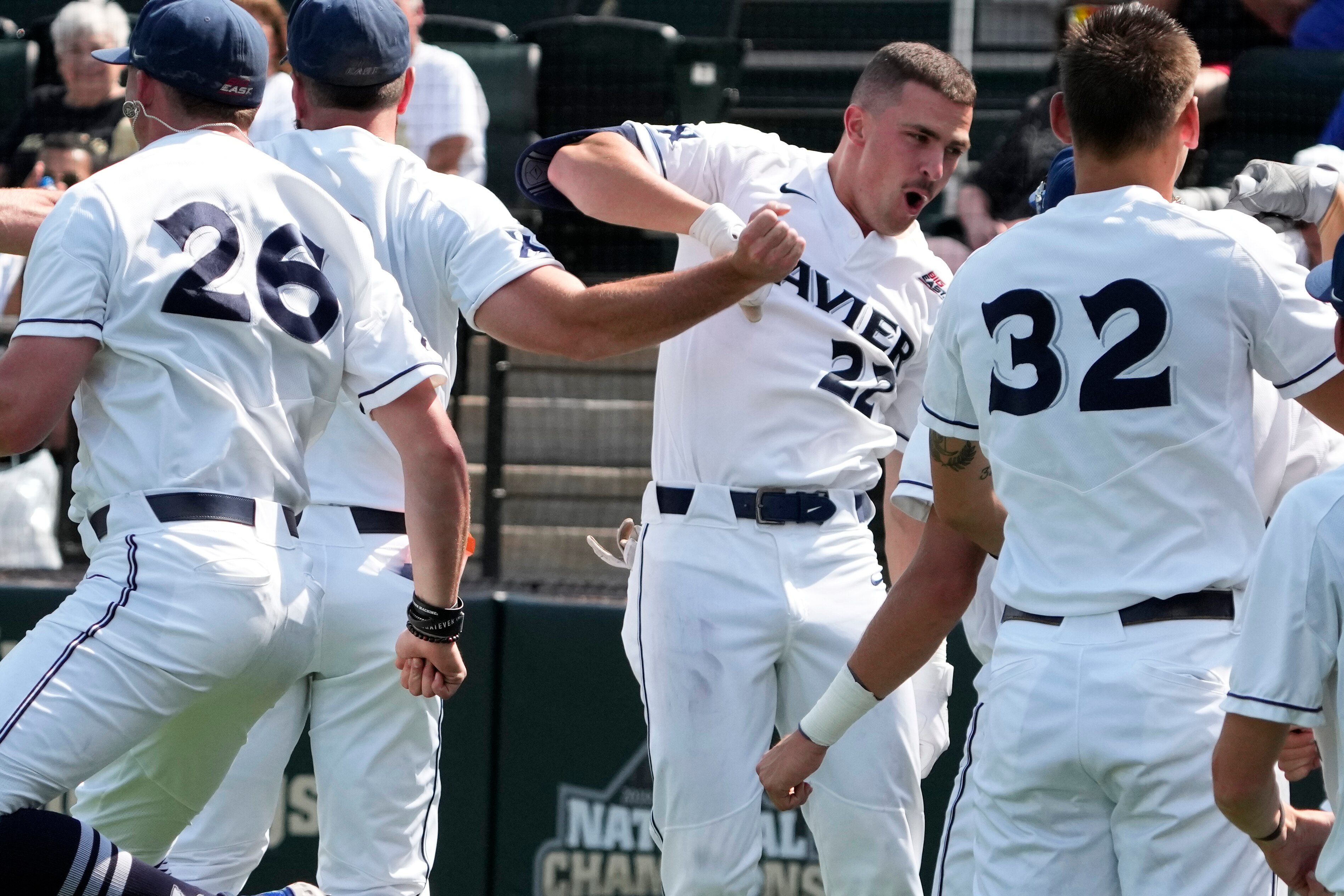 Xavier's Andrew Walker (22) celebrates after hitting a three-run home run against Eastern Illinois during an NCAA regional college tournament baseball game Saturday, June 3, 2023, in Nashville, Tenn.