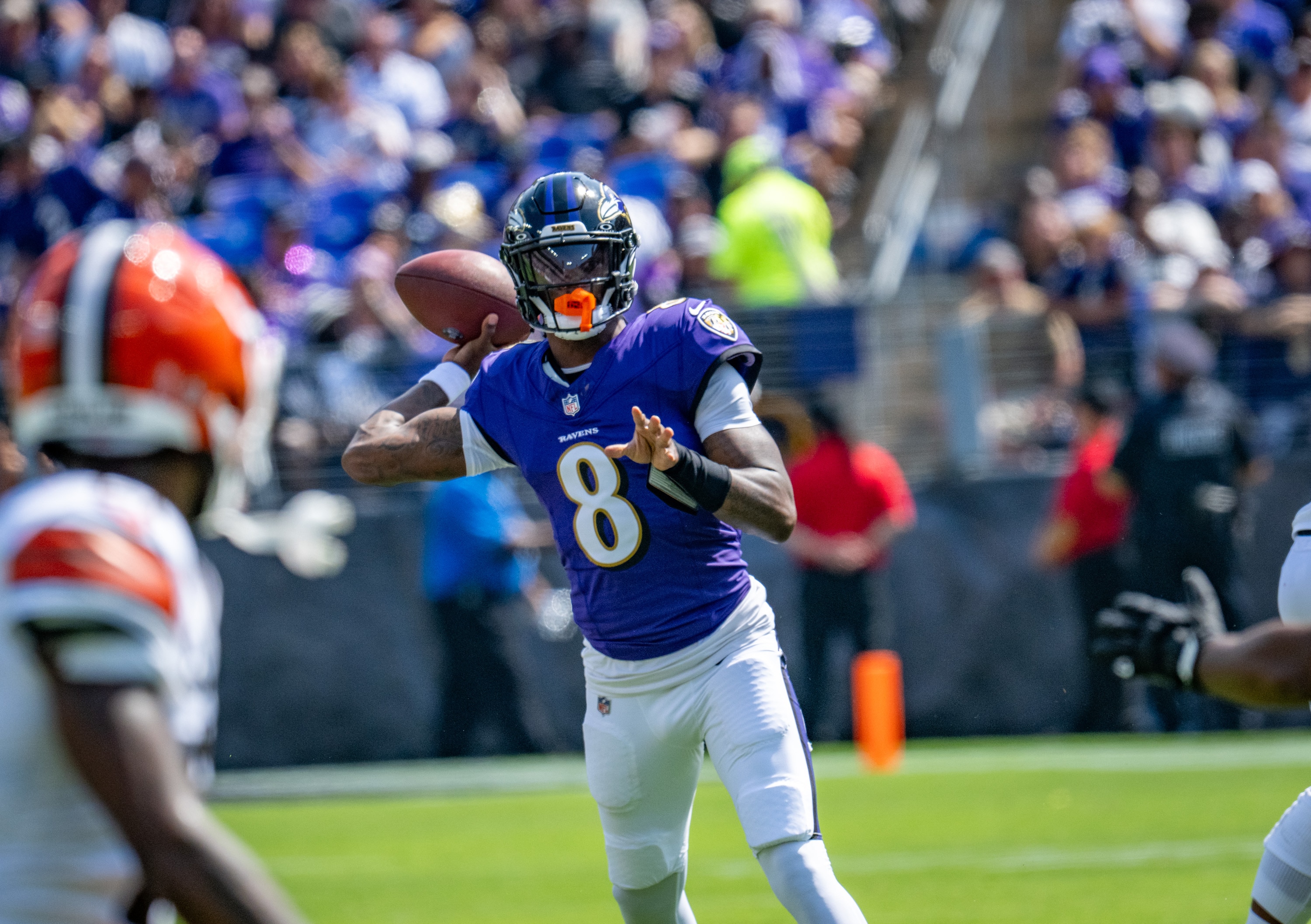 Ravens quarterback Lamar Jackson (8) looks for a target downfield against the Cleveland Browns in Week 2.