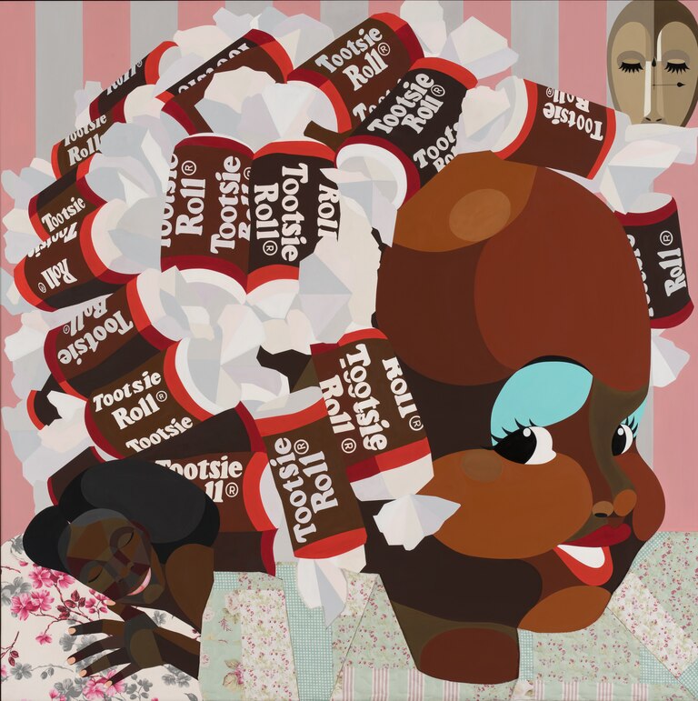 Adamsβ 2024 work βOnly Happy Thoughtsβ is an acrylic and fabric collage.