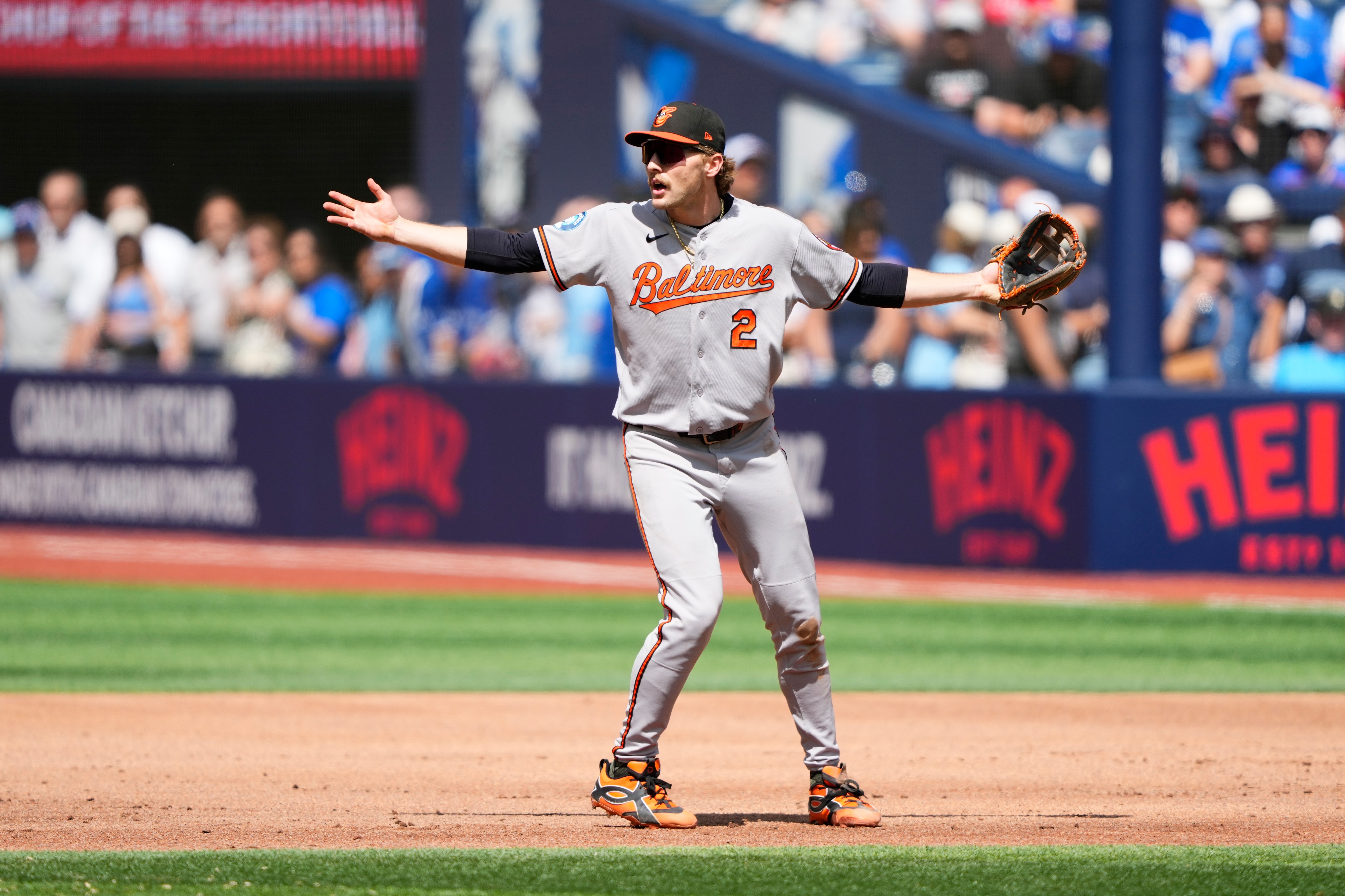 Gunnar Henderson complains about the call in the sixth inning that turned around the Orioles’ game at Toronto on Sunday.