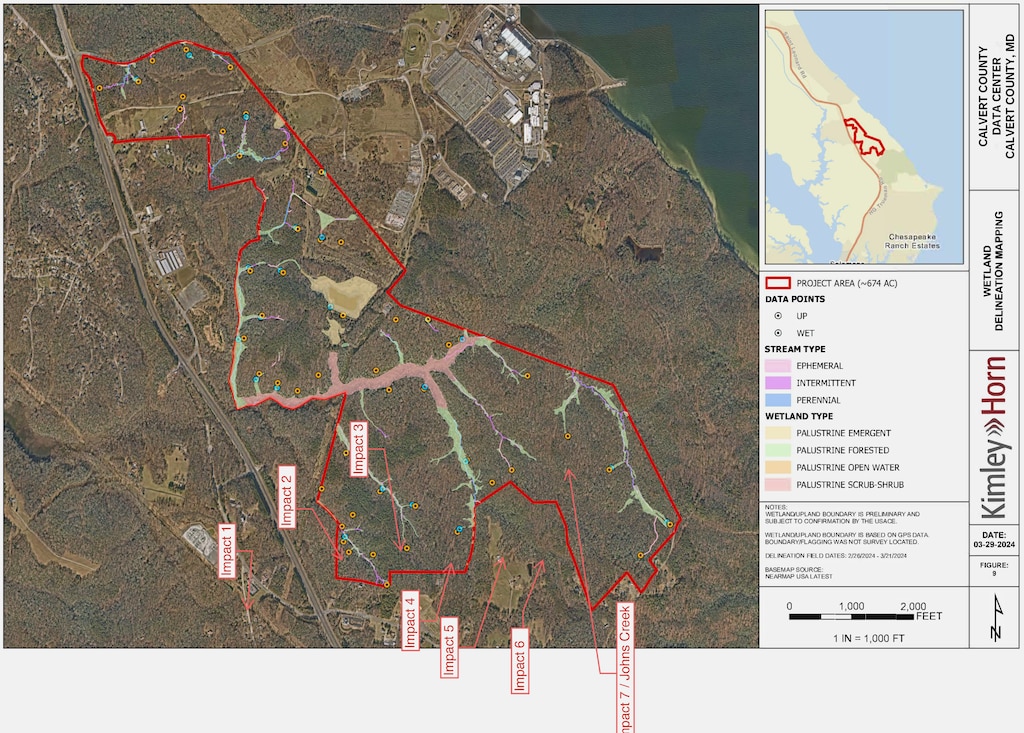 A map from a report from Kimley Horn, which was contracted to help get the data center permitted by the Maryland Department of Natural Resources, shows the locations of the seven proposed data centers and their proximity to the Calvert Cliffs Nuclear Plant, which was recently renamed the Calvert Cliffs Energy Center.