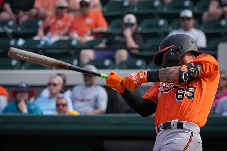 Joey Ortiz (65) swings for a pitch in the sixth inning of a game against the Tigers on 3/2/23. The Baltimore Orioles lost to the Detroit Tigers, 10-3, in the Florida Grapefruit League matchup.