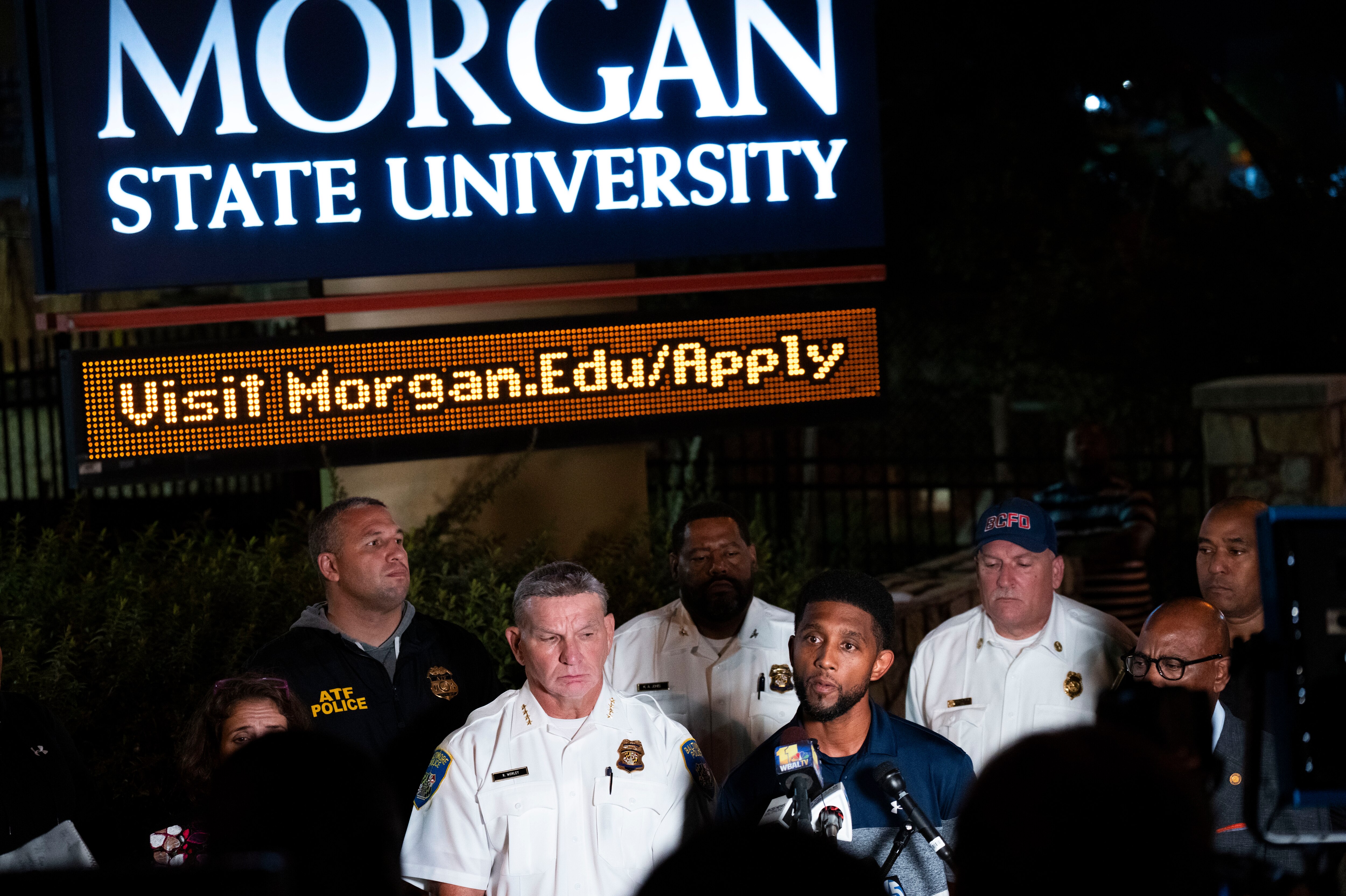 A press conference takes place at the scene of a shooting at Morgan State University on Tuesday Oct. 3, 2023.