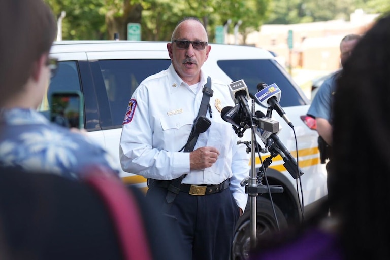 WEDNESDAY, AUGUST 19, 2026 - Anne Arundel County Assistant Fire Chief Larry Schultz addressed reporters after a home explosion outside Annapolis on Wednesday.