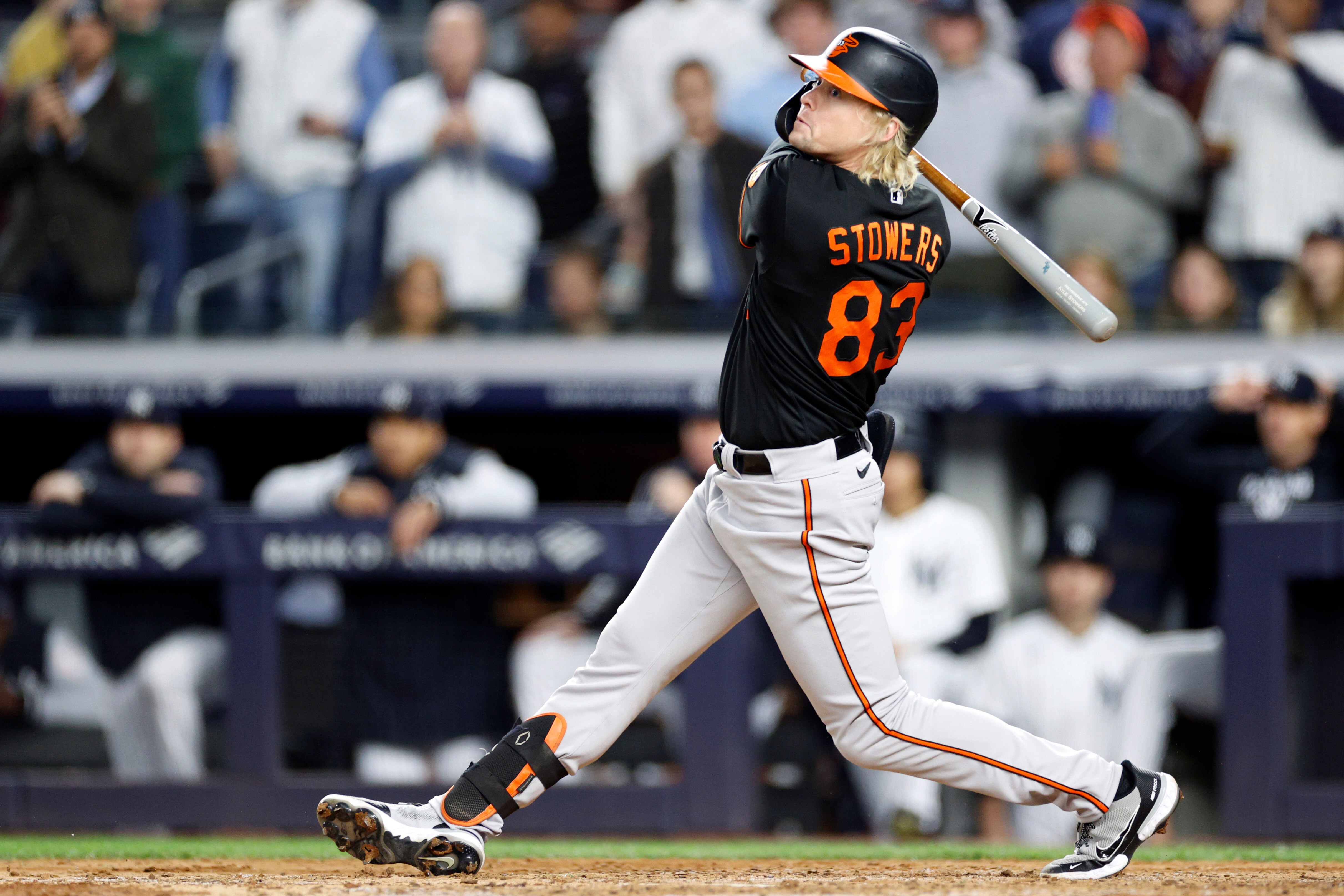 Kyle Stowers of the Baltimore Orioles at bat during the sixth inning against the New York Yankees at Yankee Stadium on September 30, 2022 in the Bronx borough of New York City.