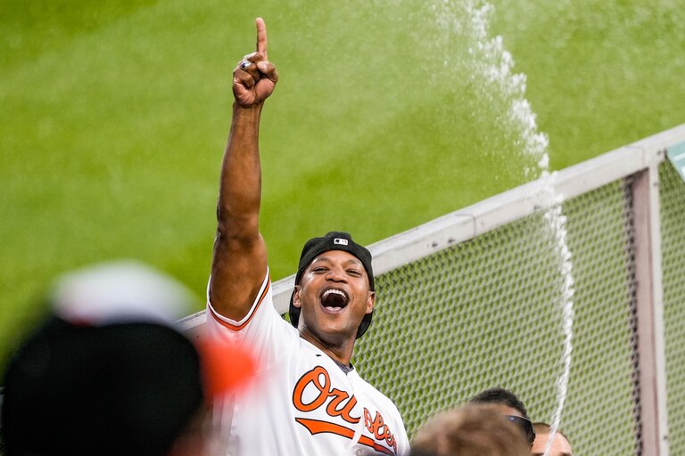 Gov. Wes Moore sprays Orioles fans in the Bird Box splash zone during the final game of their series against the Yankees at Camden Yards on July 30, 2023.
