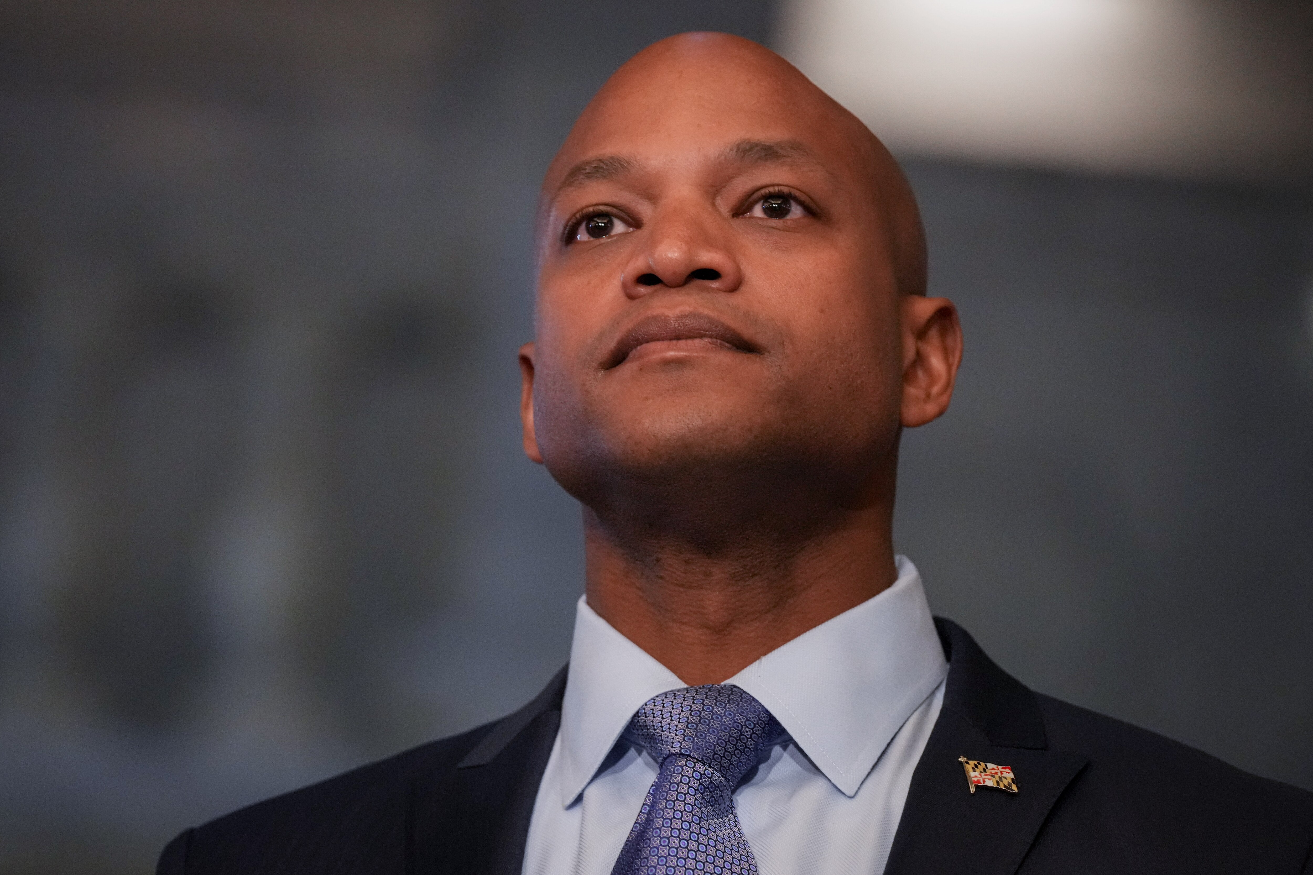 Governor-elect Wes Moore listens to a reporter’s question during a press conference at the Maryland State House on 11/10/22. They discussed the upcoming transition of power from Gov. Larry Hogan.