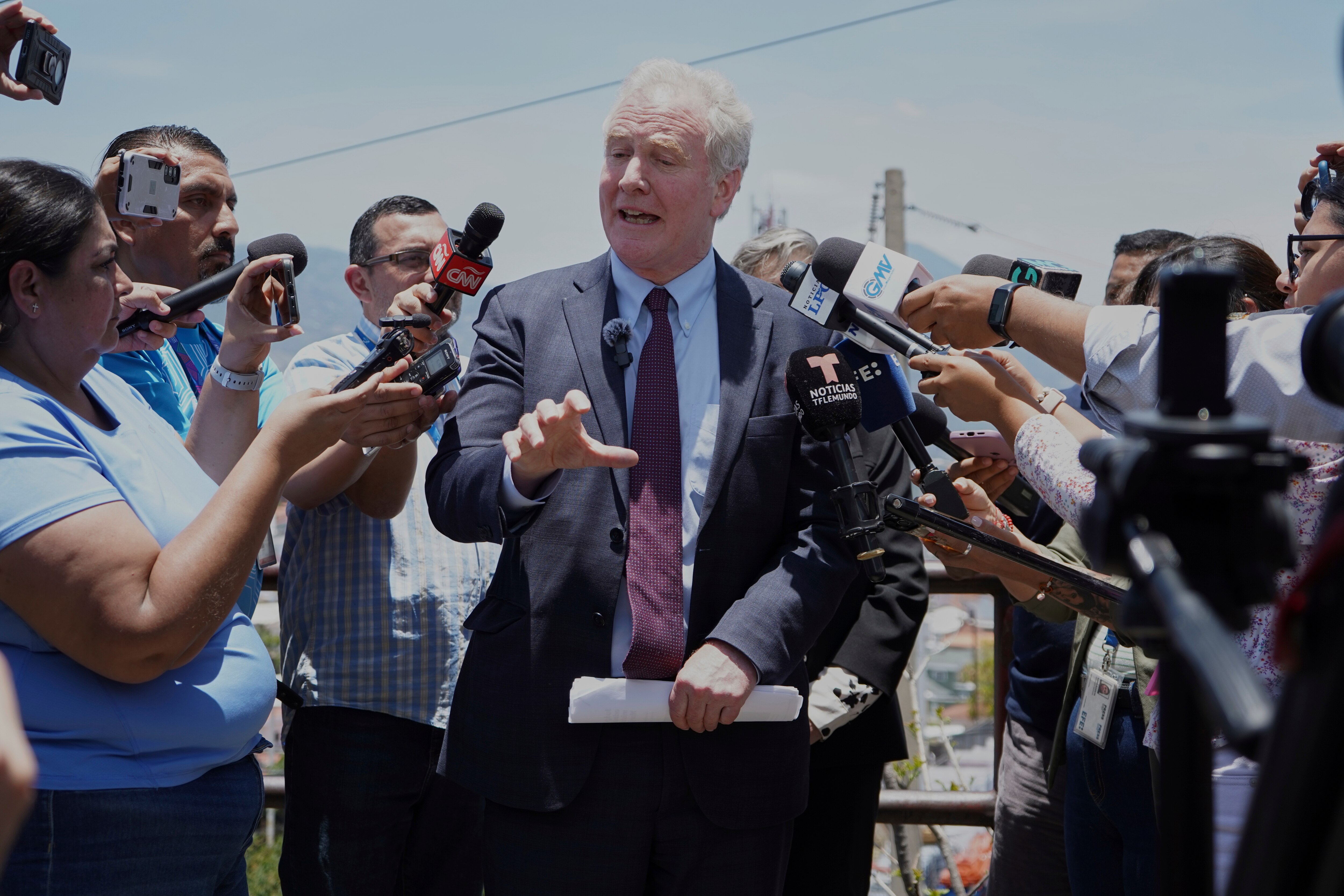 Maryland Sen. Chris Van Hollen speaks to the press in La Libertad, El Salvador, where he arrived regarding Kilmar Abrego Garcia, a Salvadoran citizen who was living in Maryland and deported to El Salvador by the Trump administration, Wednesday, April 16, 2025. (AP Photo/Salvador Melendez)